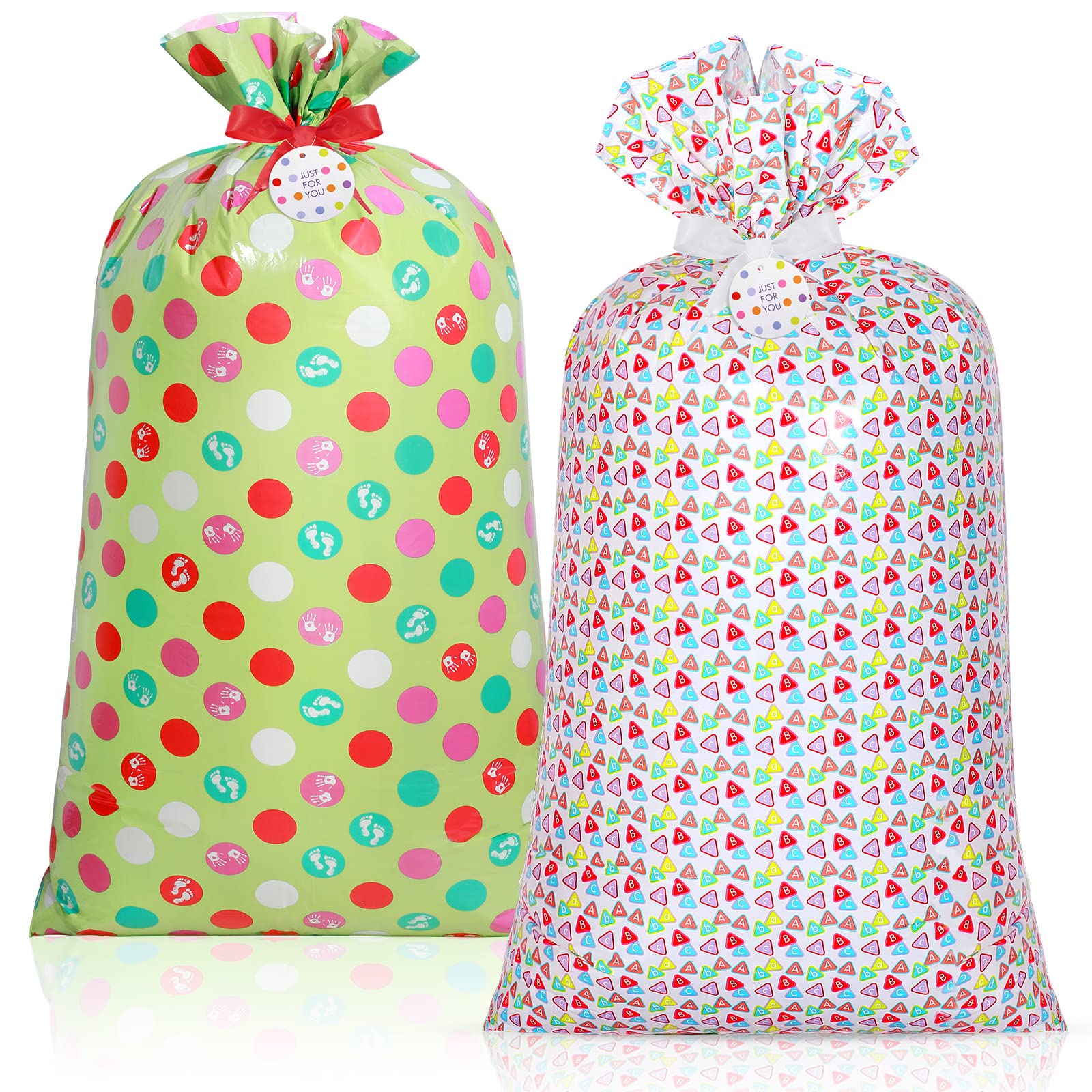 2 Pack 70x40 Inch Extra Large Jumbo Gift Bags - Giant Plastic Present Wrapping Bags with 2 Drawstring Ties & 2 Gift Tags for Baby Showers, Birthdays, Christmas, New Year & Holiday Parties (Mixed Styles) - Perfect for Wrapping Oversized Gifts, Party Favors & Special Occasions