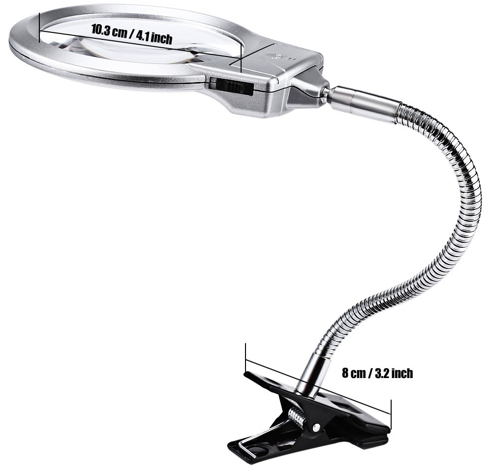 Pro-Flex Hands-Free LED Magnifying Glass Lamp with 2.25X & 5X Lens - Adjustable Gooseneck Desk Clamp Light for Reading, Crafts, Jewelry Making & Close Work - Silver Desktop Magnifier Lamp for Seniors & Hobbyists