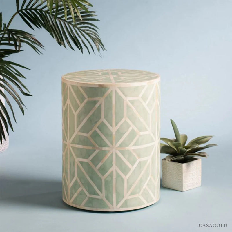 Handmade Sea Green Bone Inlay Drum Side Table - Vintage Boho Coffee Table for Living Room, Bedroom & Patio Decor | Perfect for Small Spaces, Home Staging & Interior Design