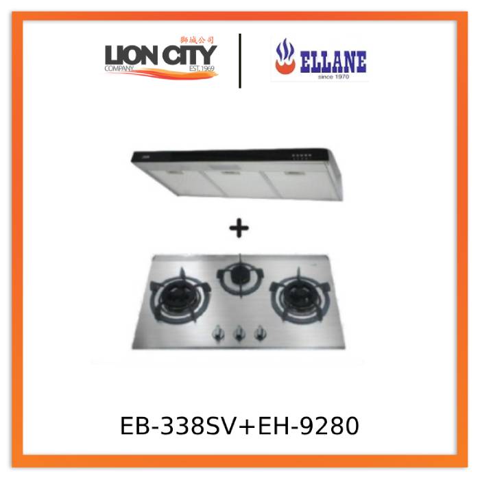 Ellane 60cm/90cm Slimline Hood with Black Panel EH 9280 & EB 338SV 76cm 3 Burner Gas Cooker - Modern Kitchen Ventilation & Cooking Solution for Home Chefs