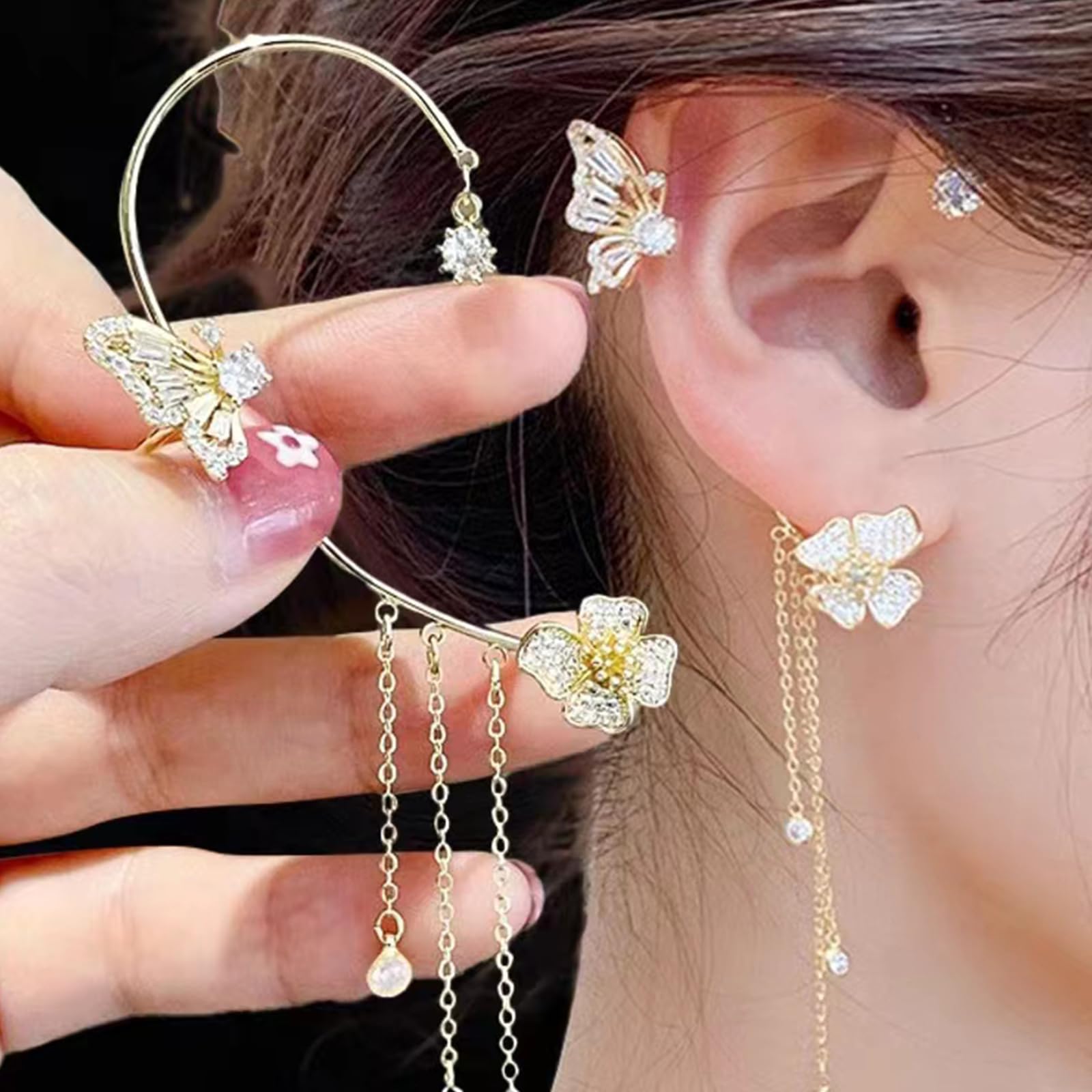 Vintage Butterfly Tassel Zircon Earrings for Women - Non-Piercing Fake Earrings, Flower Climber Wrap Around Ear Cuff - Elegant Fashion Jewelry for Parties, Weddings & Date Nights