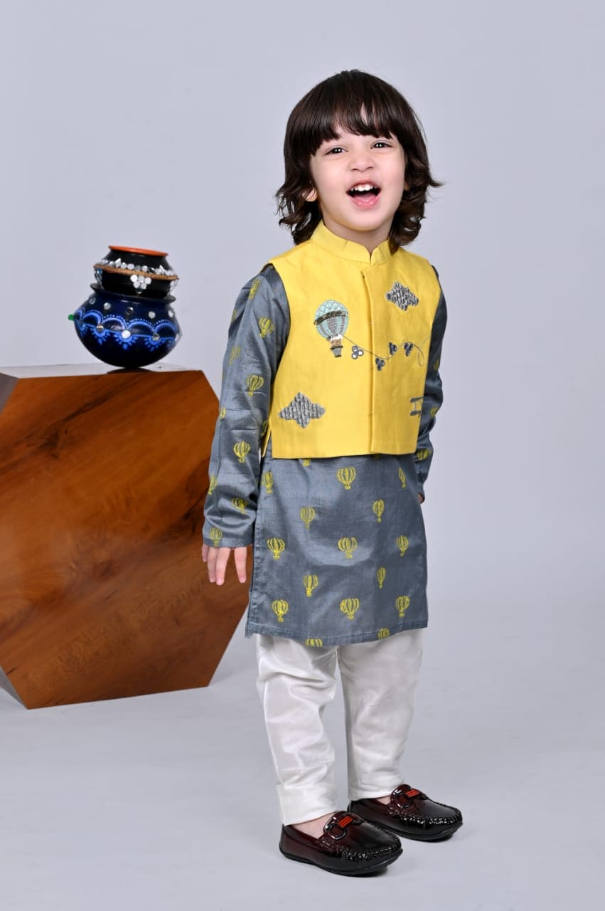 Pre Order: Grey Balloon Printed Kurta with Embroidered Jacket & Churidar Set - Indian Ethnic Outfit for Festivals, Weddings & Special Occasions