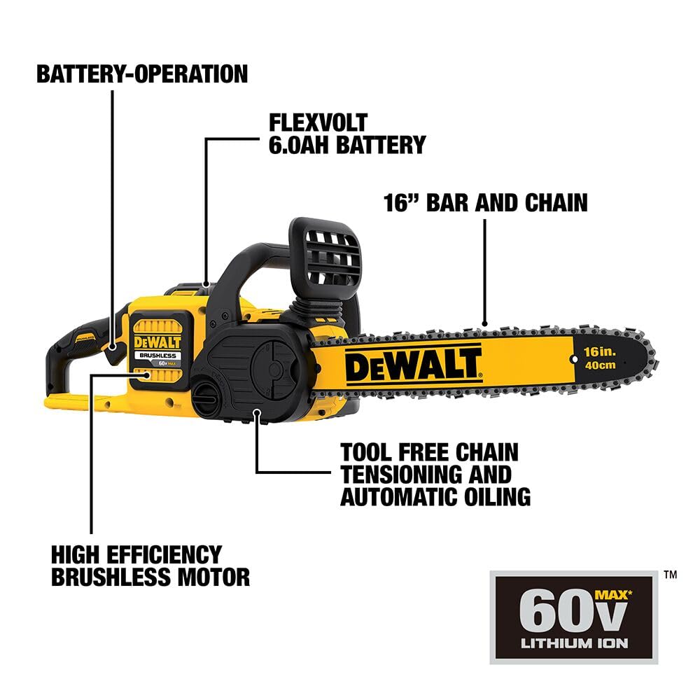 DEWALT FLEXVOLT 60V MAX* Brushless Chainsaw Kit (2.0 Ah) (DCCS670T1) - Cordless Electric Chainsaw for Tree Cutting, Wood Chopping & Yard Maintenance