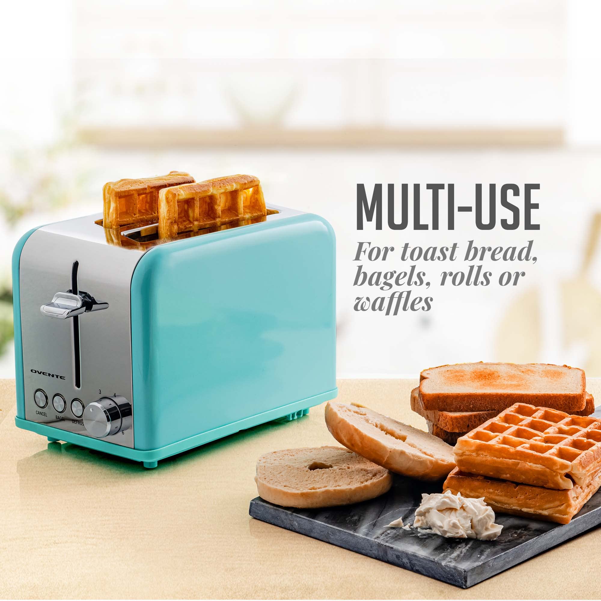 OVENTE 2 Slice Toaster with Extra Wide Slots - 6 Browning Settings, Stainless Steel Body & Removable Crumb Tray - Compact Countertop Toaster for Bread, Bagels, Muffins, Croissants & Waffles (Turquoise TS2450T) - Perfect for Breakfast, Kitchen, Dorm & Office Use