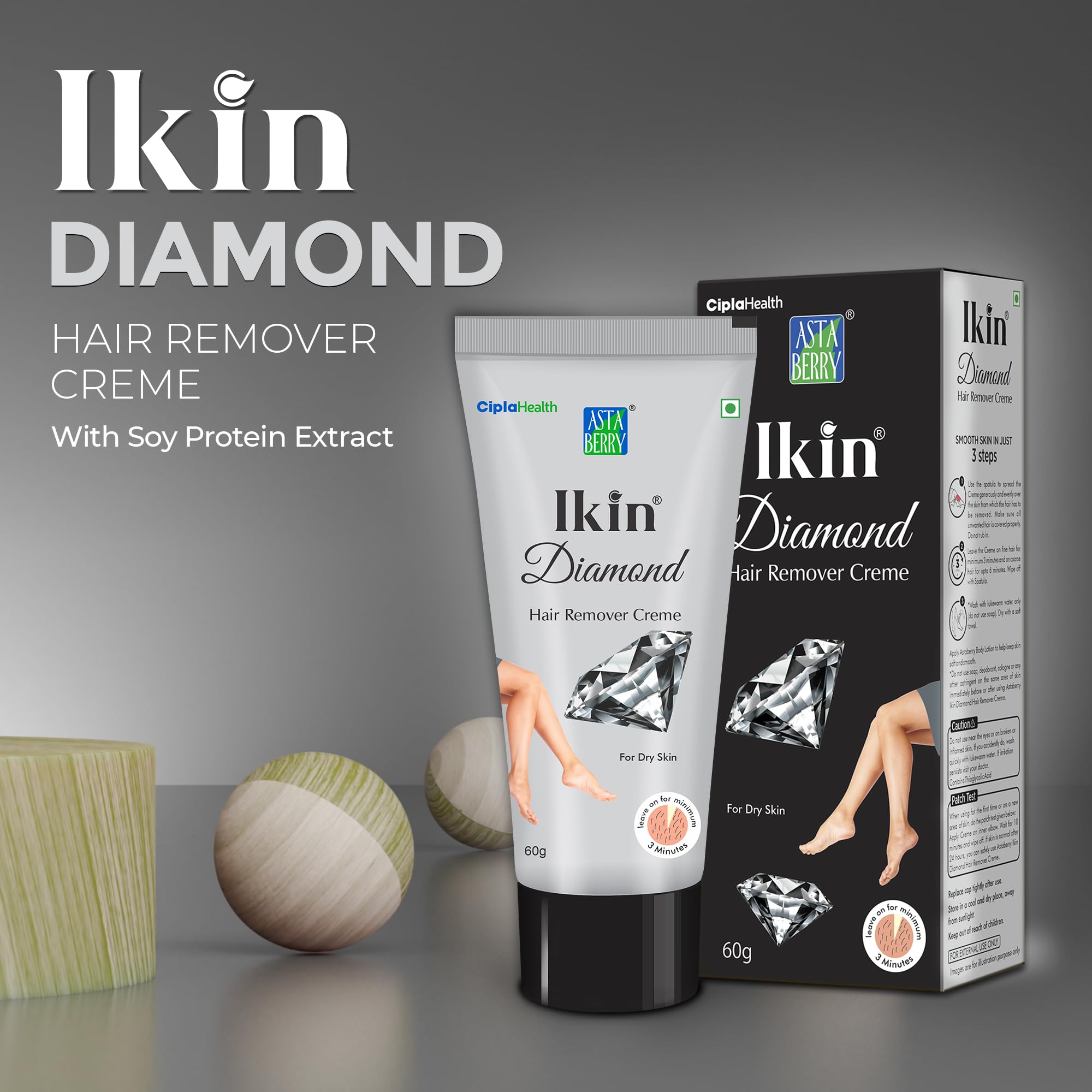 IKIN Diamond Hair Remover Cream for Dry Skin - Gentle Bikini Hair Removal Cream for Women & Girls | Safe for Legs, Underarms & Bikini Area | Pack of 2 (60g X 2) | Perfect for Smooth Skin Before Beach Trips & Summer Vacations