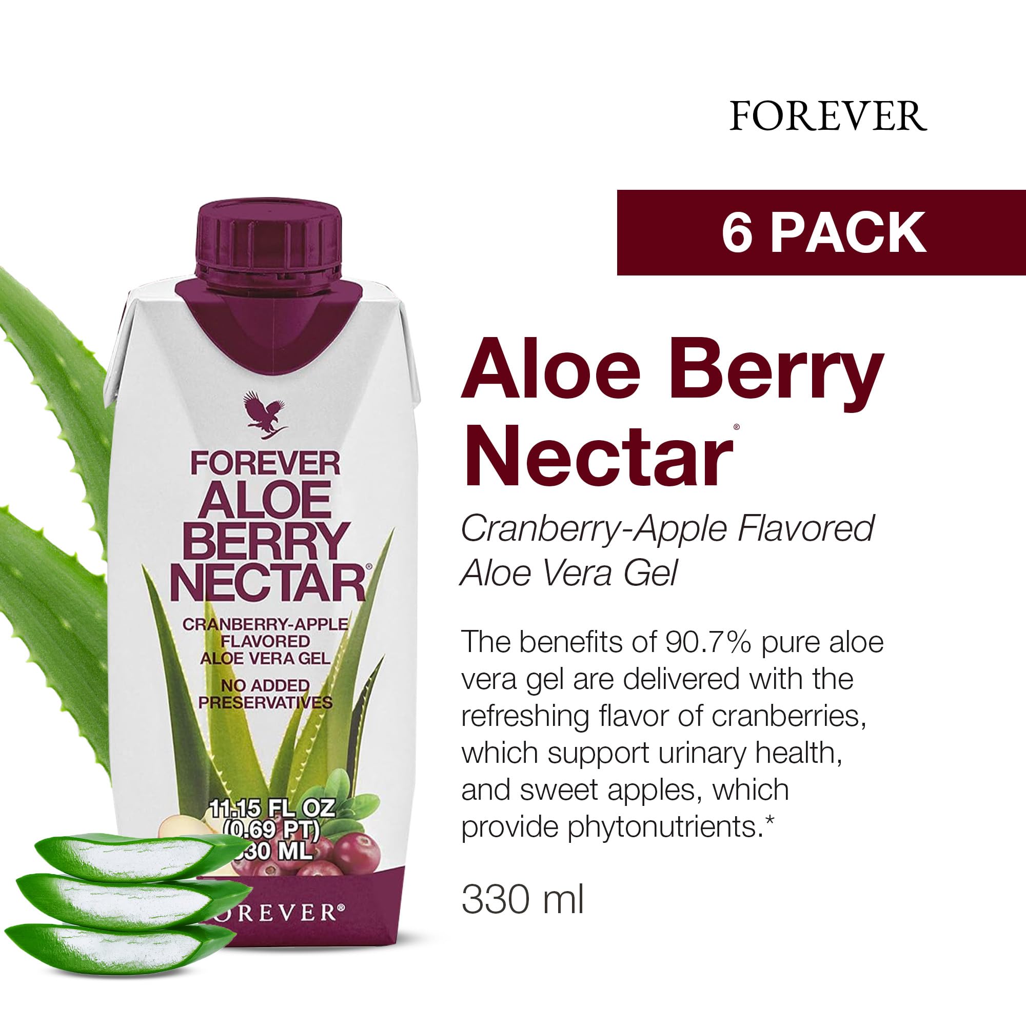 Forever Living Aloe Berry Nectar - 90.7% Pure Aloe Vera Gel with Cranberry & Apple - Natural Antioxidant Drink - No Preservatives, No Artificial Colors - 1 Liter (6-Pack) - Perfect for Daily Hydration, Immune Support & Digestive Health