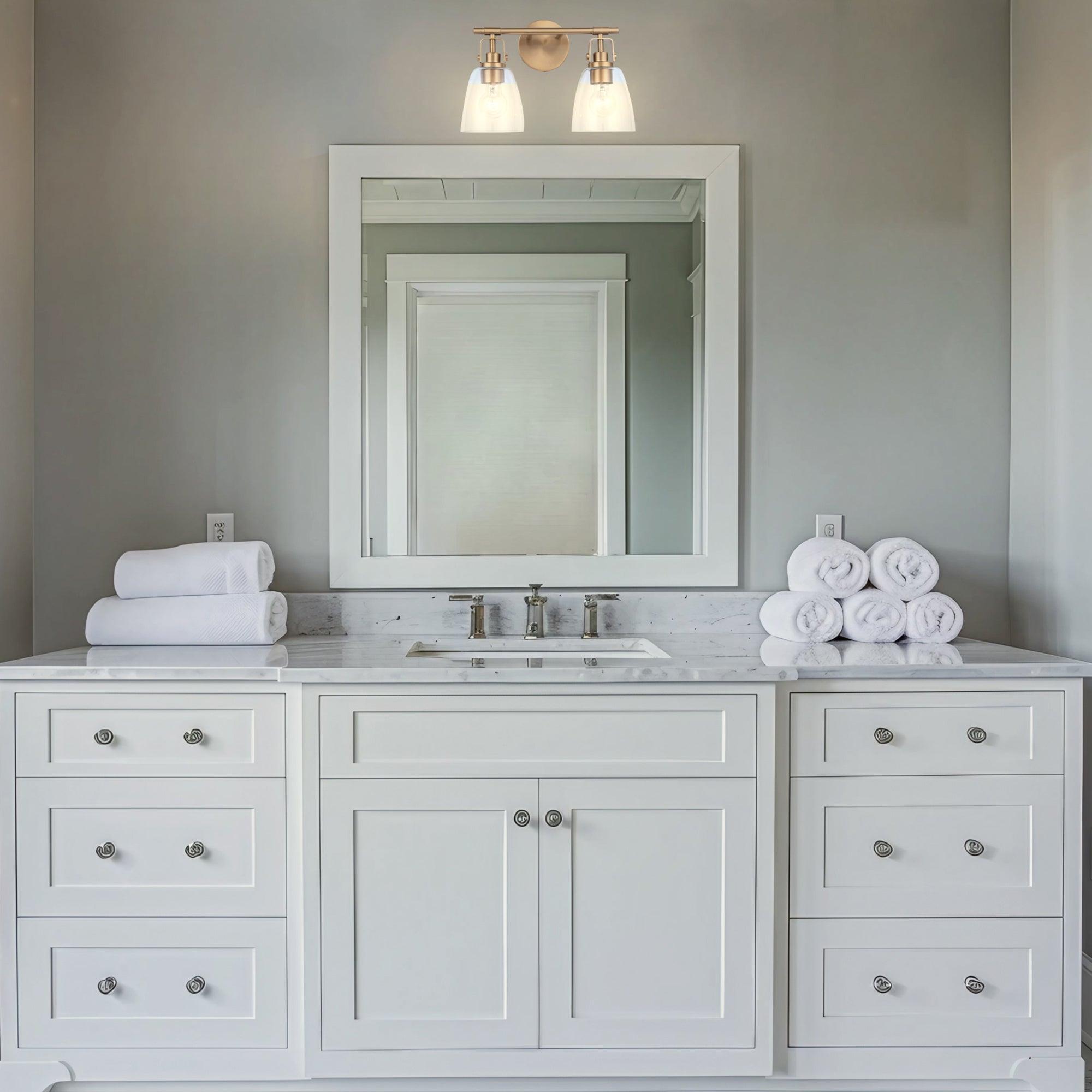 Modern Farmhouse 2-Light Vanity Light - Brushed Nickel Bathroom Sconce with Clear Glass Shades - Perfect for Bathroom, Powder Room, and Dressing Area Lighting