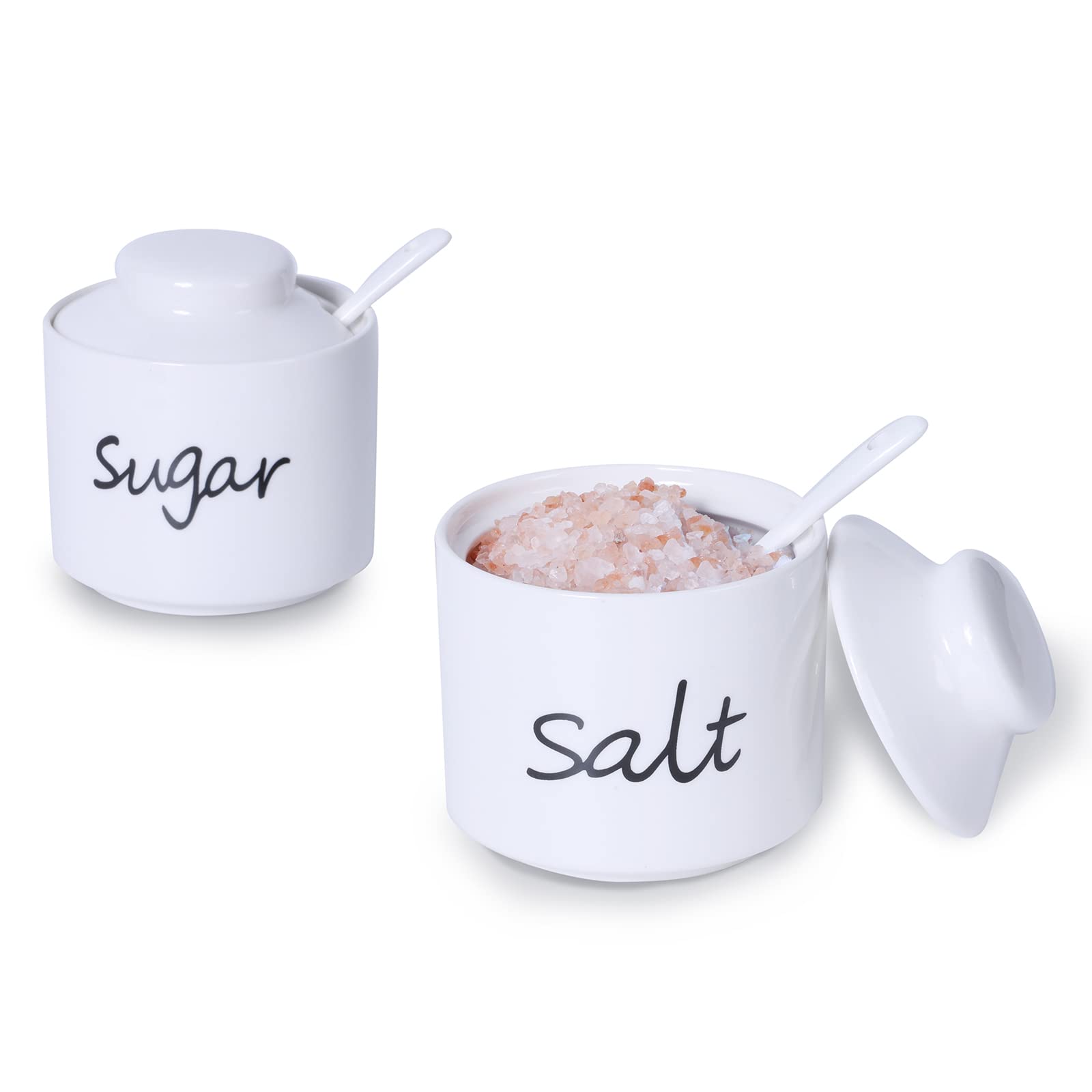 ONTUBE 8 oz Ceramic Sugar and Salt Bowls with Lid & Spoon - Airtight Kitchen Spice Storage Containers for Seasonings, Coffee, Tea | Dishwasher Safe, Elegant White for Countertop & Dining Table Decor