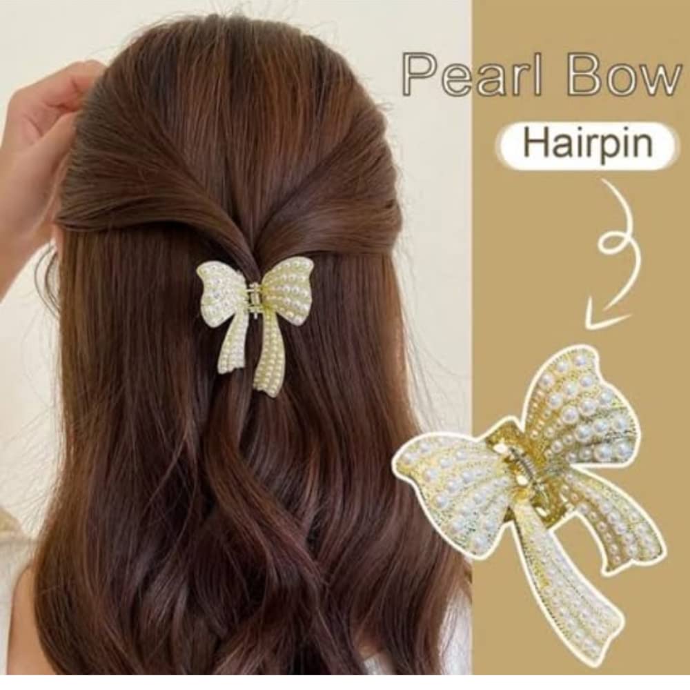 Elegant Pearl Hair Clips for Women & Girls - Wedding Hair Accessories, Bow Claw Clip, Metal Hair Clutcher (1PC) - Perfect for Bridal, Prom, Party & Everyday Styling