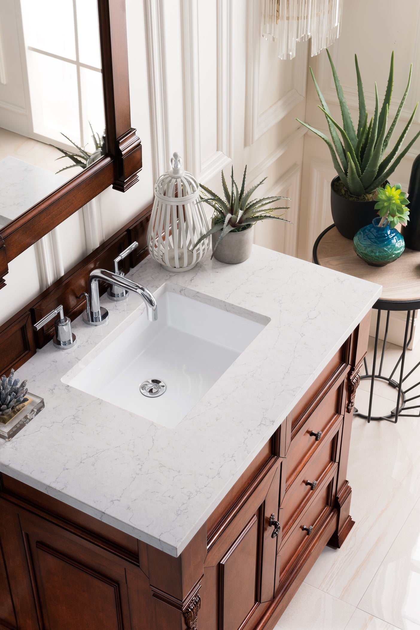 Brookfield 36 Inch Single Bathroom Vanity with Warm Cherry Finish & 3CM Eternal Jasmine Pearl Quartz Countertop | Modern Bathroom Furniture for Small Spaces & Master Baths