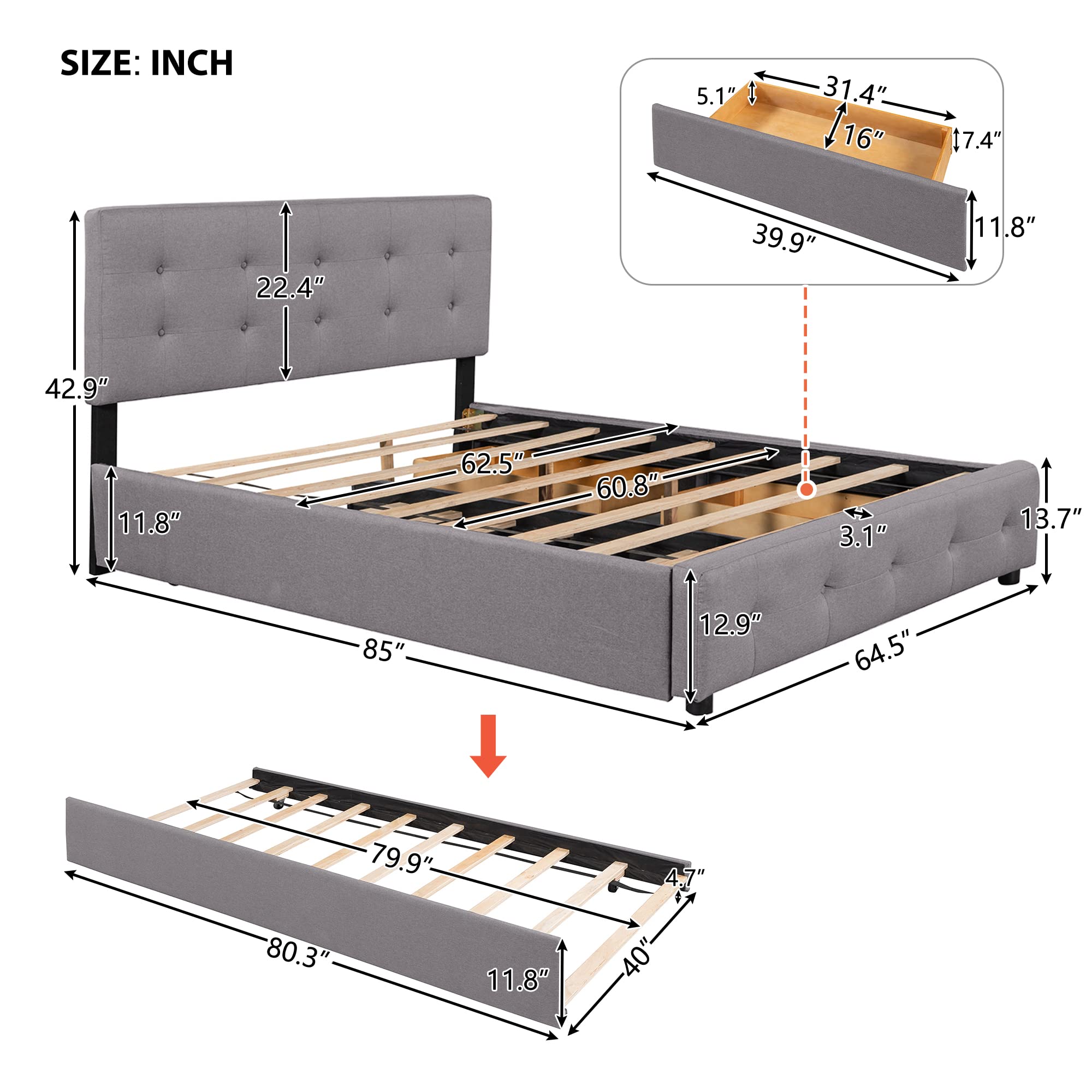 Queen Size Upholstered Platform Bed with 2 Storage Drawers & Twin XL Trundle - Light Gray Linen Fabric Wooden Bed Frame for Guest Room, Small Space & Modern Bedroom