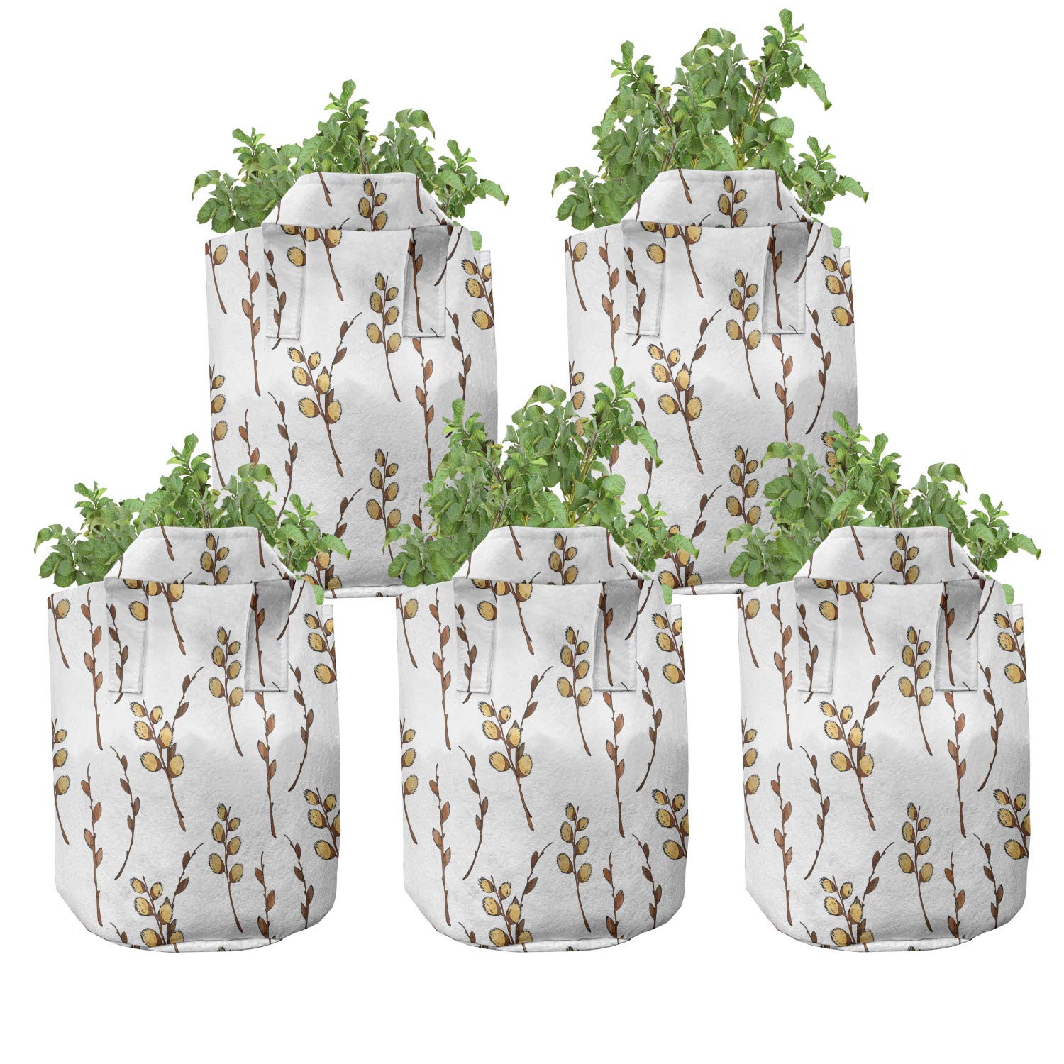 Ambesonne 5-Pack Heavy Duty Fabric Grow Bags with Handles - Botanical Spring Salix Caprea Art Design in Pale Coffee Cinnamon Color for Indoor/Outdoor Plants, Vegetables, Herbs & Flowers | Perfect for Gardening, Balcony Decor & Urban Farming