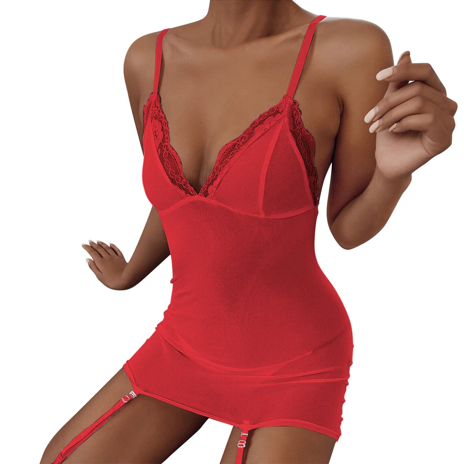 Makalon Women's Sexy Lingerie Set - Lace Deep V Neck Slip Sleep Dress with Stockings, Hollow Out Mini Nightgown for Romantic Nights & Boudoir Photography