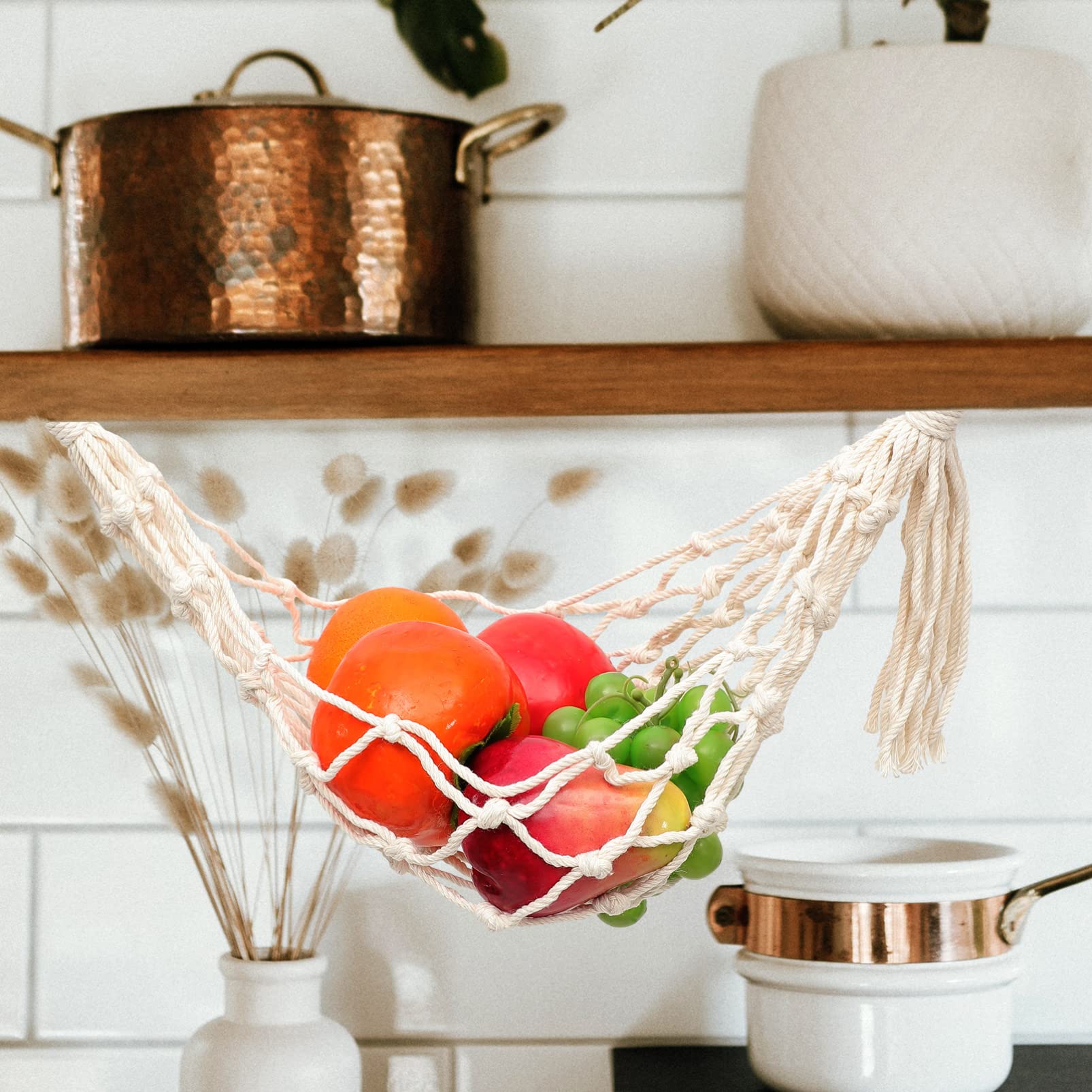 Kichvoe Woven Macrame Hanging Basket for Fruits & Vegetables - Bohemian Cotton Produce Storage Basket for Kitchen, Pantry, or Farmers Market - Perfect for Organizing Fresh Produce in Style