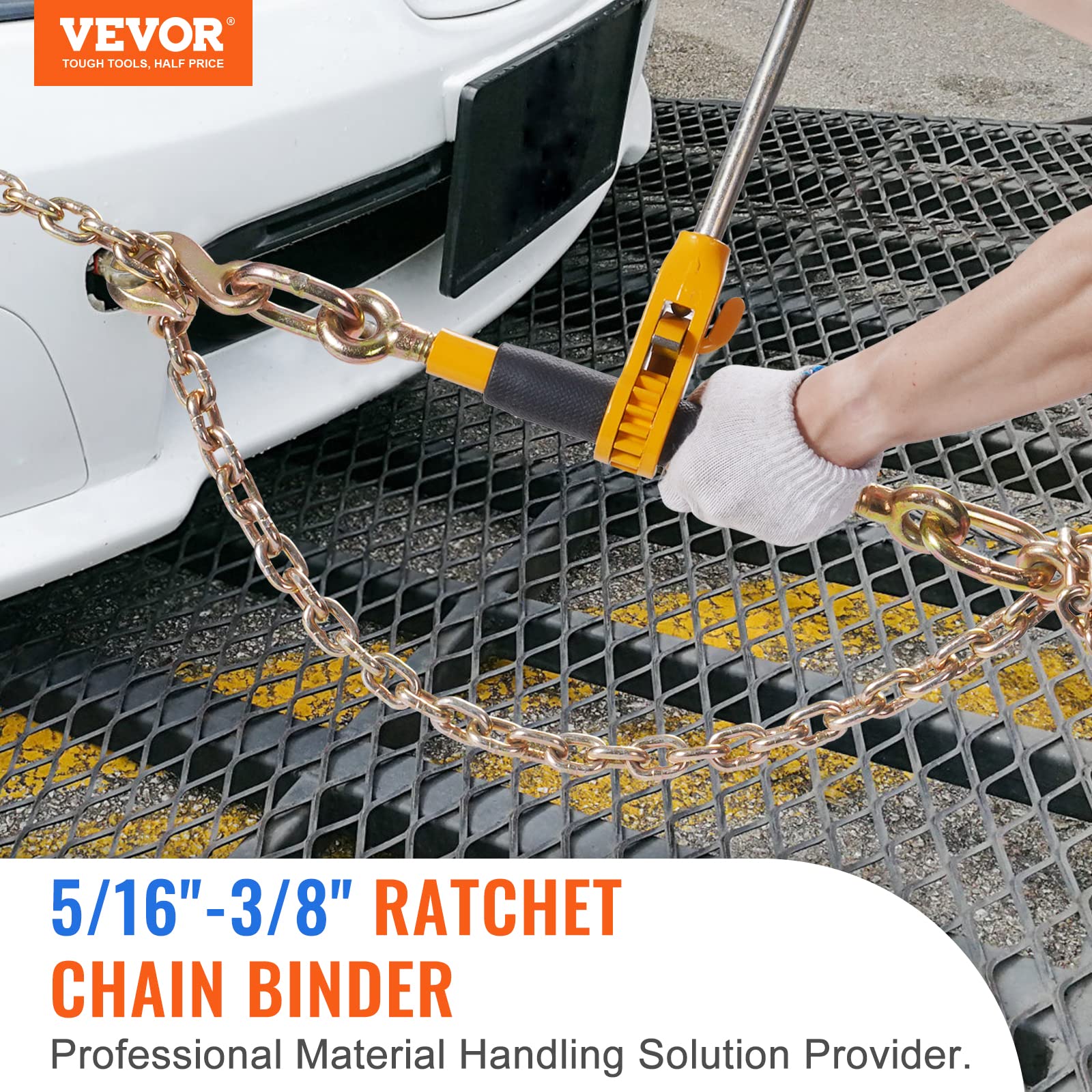 VEVOR 5/16-3/8 Inch Ratchet Chain Binder with 7100 lbs Load Capacity & G80 4700 lbs Chain - 4-Pack Black & Yellow Tie Down Binders for Flatbed Truck Trailers - Heavy Duty Hauling, Towing, and Cargo Securing