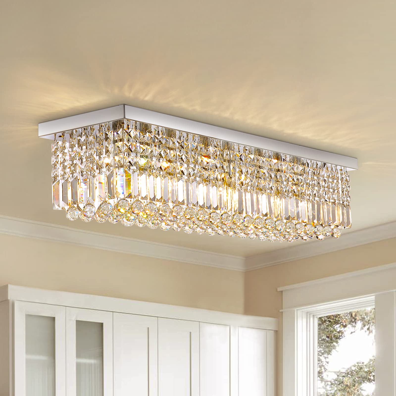 Siljoy Modern 6-Light Rectangular Crystal Chandelier - K9 Crystal Raindrop Flush Mount Ceiling Light Fixture (31.5