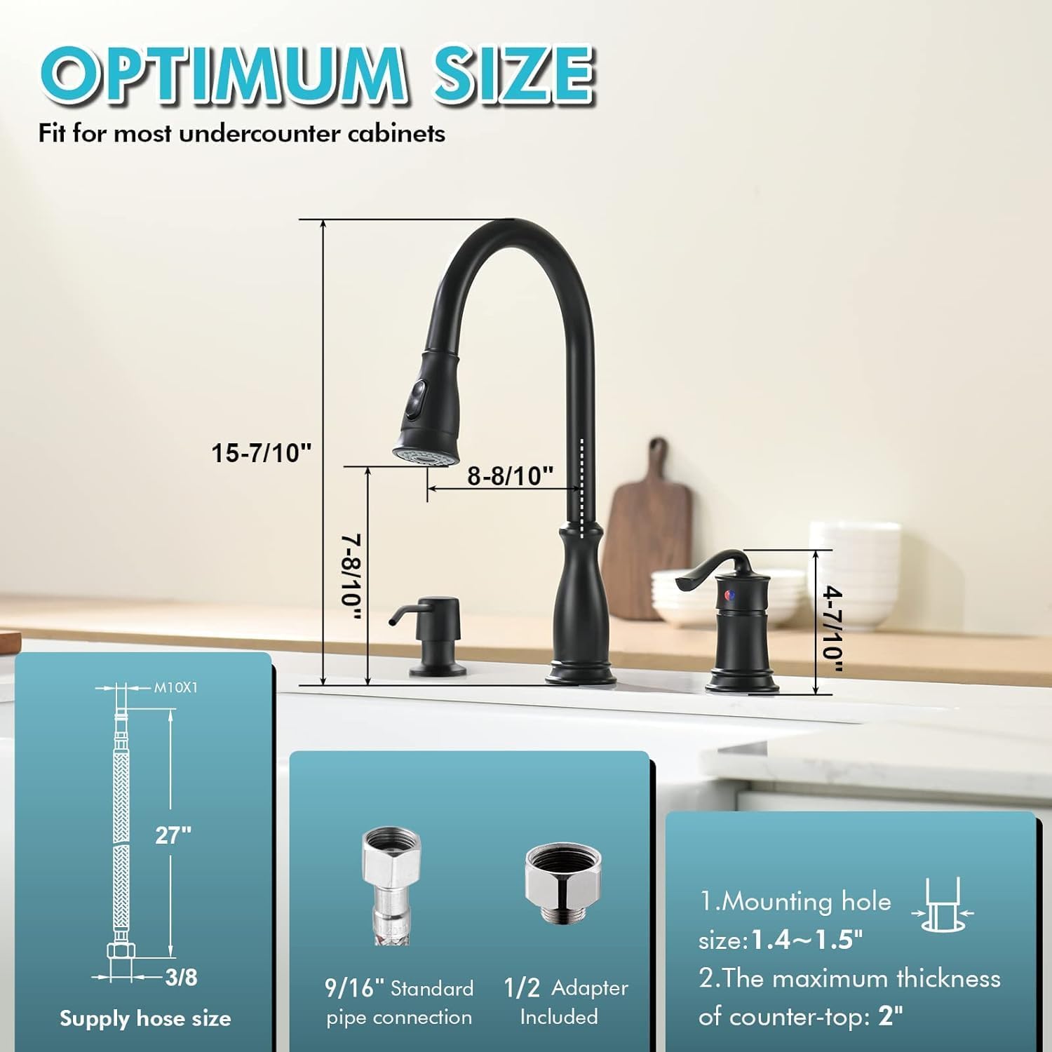 APPASO Matte Black 3-Hole Kitchen Faucet with Pull-Down Sprayer & Soap Dispenser - 3-Piece Set with Separate Handle for Modern Sink Installation | Perfect for Home Kitchen Renovation & Commercial Use