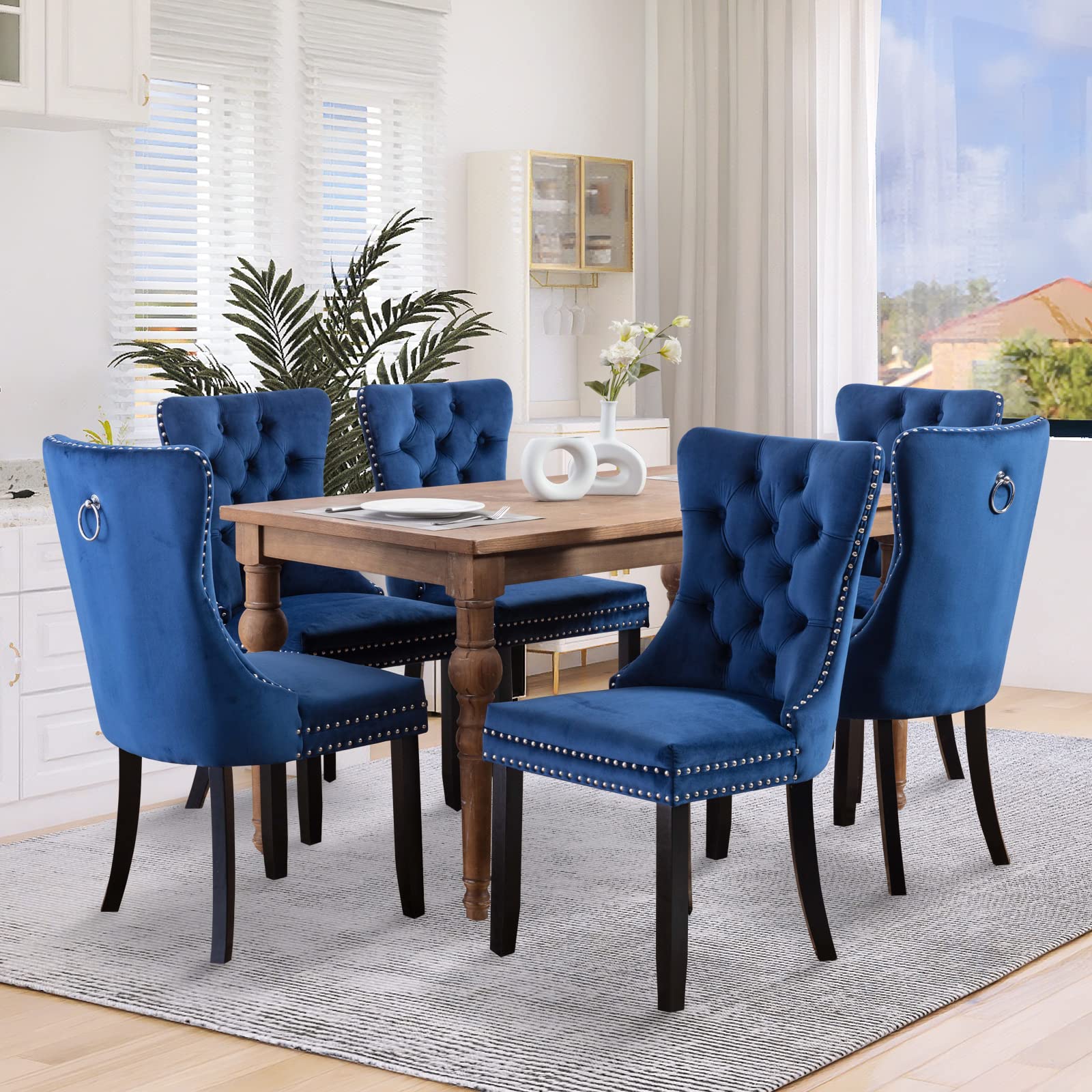 SoarFlash 6-Piece Velvet Dining Chairs Set - Modern Upholstered High Back Tufted Side Chairs with Button Back Ring & Solid Wood Legs, Blue - Perfect for Dining Room, Kitchen, Restaurant, and Home Decor