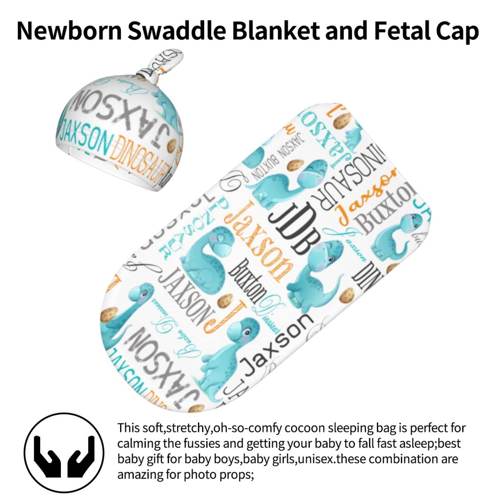 Personalized Baby Swaddle Blanket and Hat Set with Name - Cute Dinosaur Design for Newborn Boys & Girls - Perfect Baby Shower Gift, Photo Prop, and Nursery Essentials