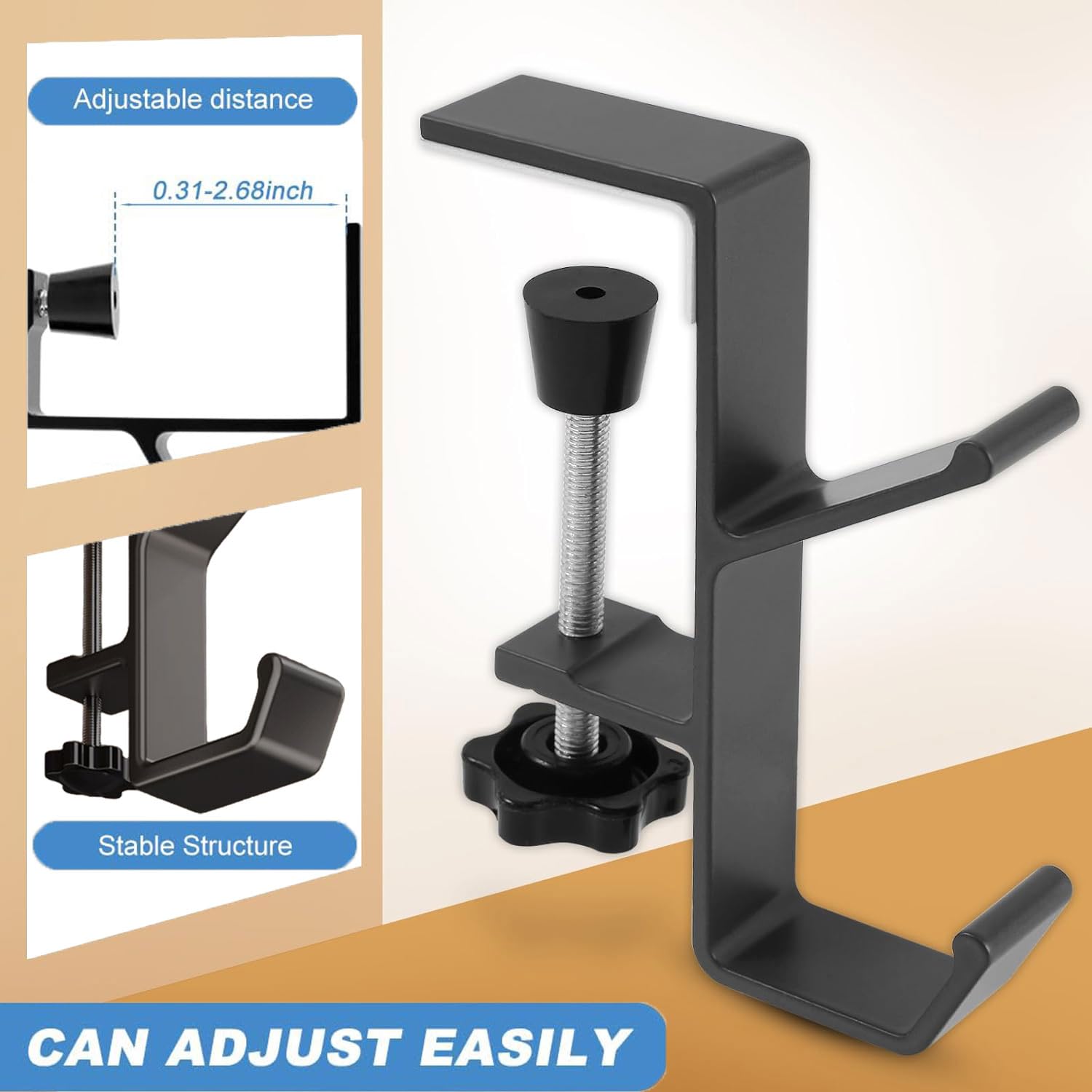 Premium Aluminum Alloy Under Desk Headphone Stand - JAKO Space-Saving Headset Hanger Holder for Gaming PC & Office Setup, Ergonomic Clamp Hook Mount for Computer Desk Accessories (Black) - Perfect for Streamers, Gamers & Home Office Workspace Organization