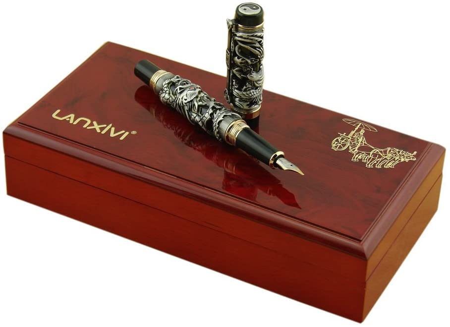Jinhao Dragon Phoenix Fountain Pen Set - Vintage Black Fude Bent Nib Luxury Writing Pen with Gift Case | Perfect for Calligraphy, Journaling & Collectors