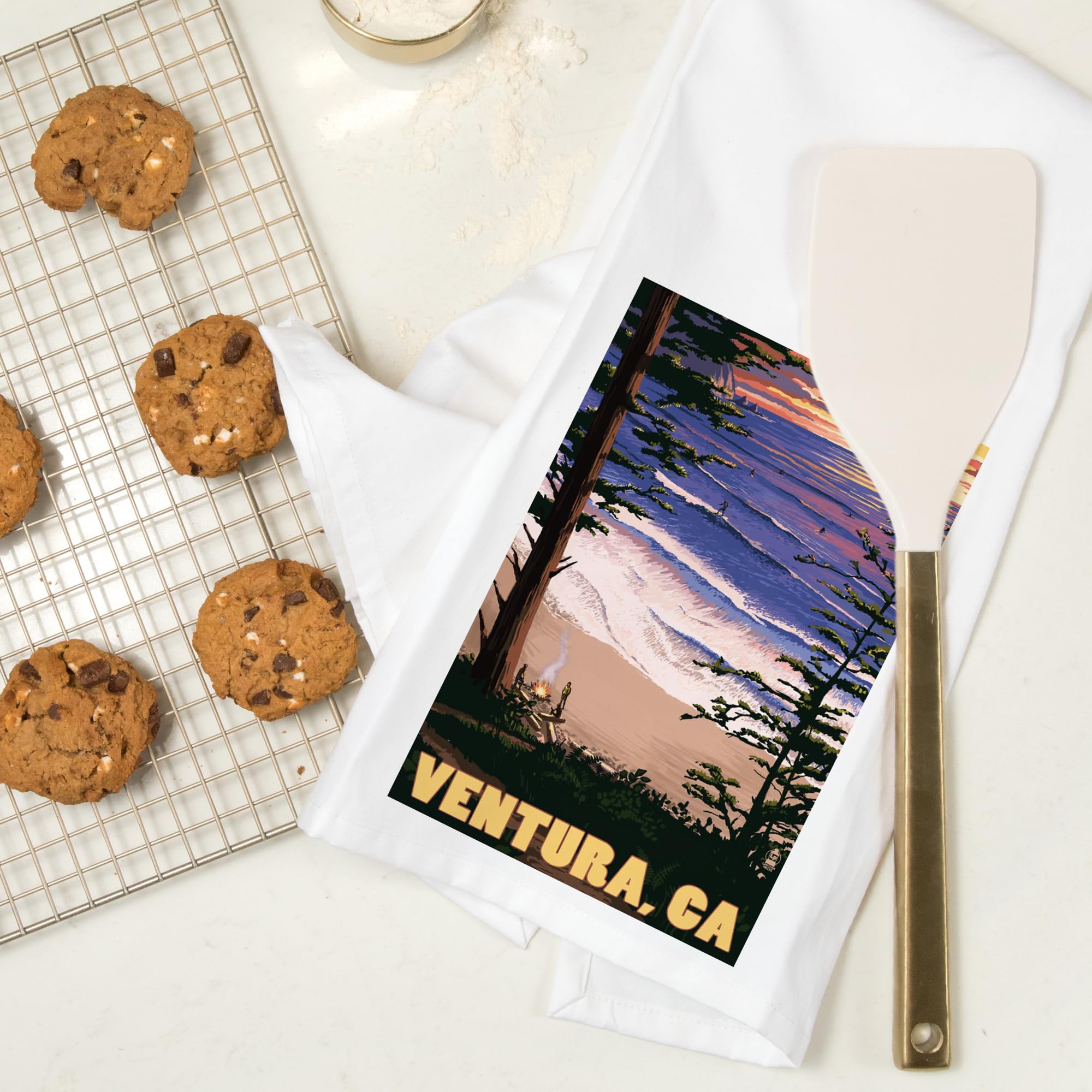 Lantern Press Ventura California Surfing Sunset Tea Towel - 100% Cotton Decorative Hand Towel for Kitchen & Home - Perfect for Beach House Decor, Coastal Kitchen, and Gift Giving