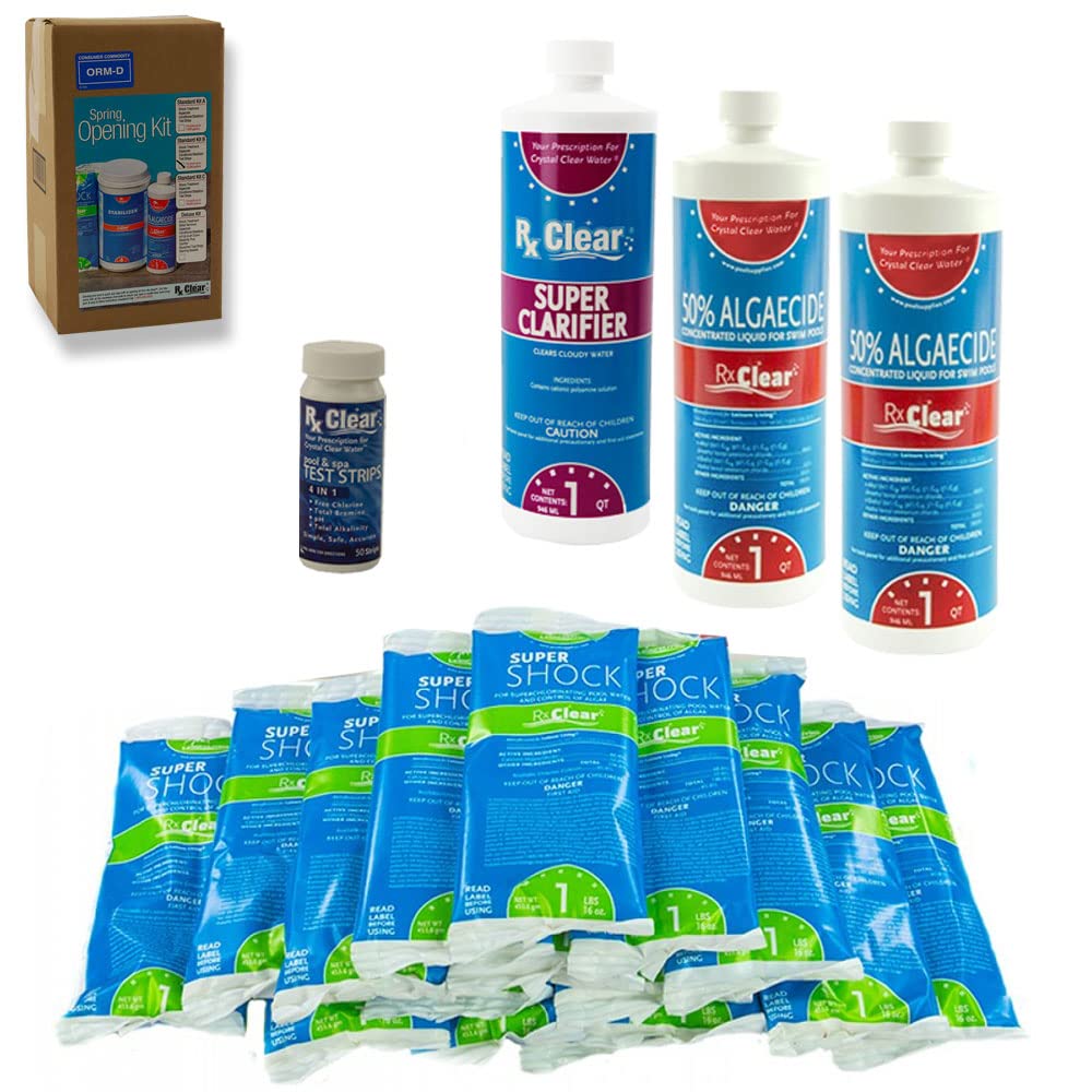 Rx Clear Chemical Maintenance Pool Kit Plus Opening Kit - Chlorine-Free Pool Care for Up to 15,000 Gallons | Pool Cleaning & Maintenance Supplies for Crystal Clear Water | Perfect for Spring Opening & Year-Round Pool Maintenance