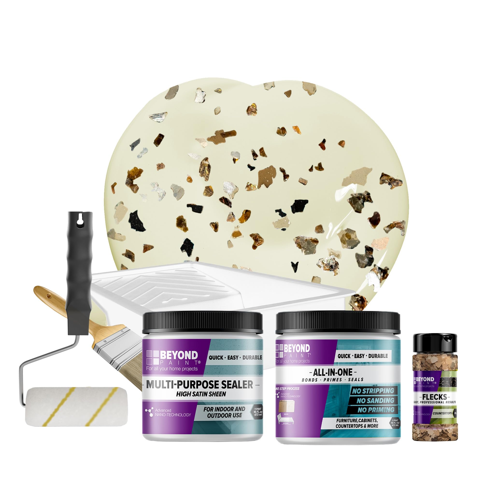 Beyond Paint Oxford Bronze Flecks Countertop Makeover Kit - Includes Paint, Sealer, Flecks & Tools - Off White Finish - Perfect for Kitchen & Bathroom Countertop Renovation
