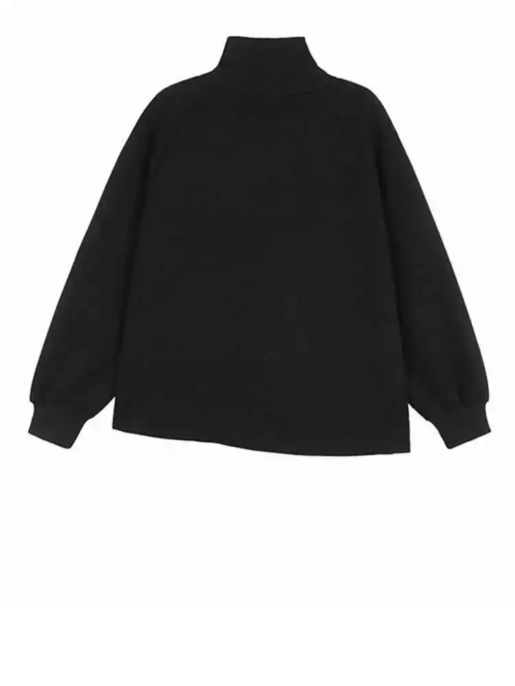 Black Irregular Hem Zipper Sweatshirt for Women - Oversized Turtleneck Pullover with Long Sleeves, Fashionable Streetwear for Spring & Fall 2025 (Style 1DH7190) | Perfect for Casual Outings, Layering & Cold Weather Comfort
