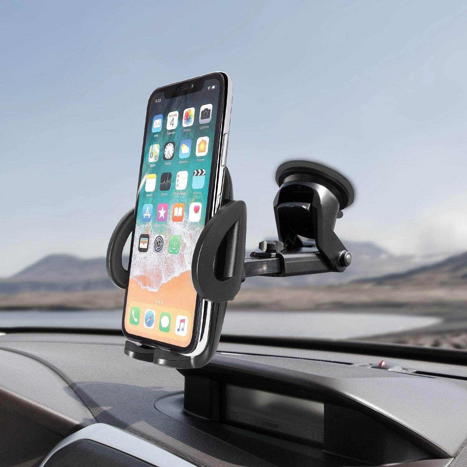 Adjustable Car Phone Holder for iPhone, Samsung, Pixel - Dashboard & Windshield Mount for Safe Driving