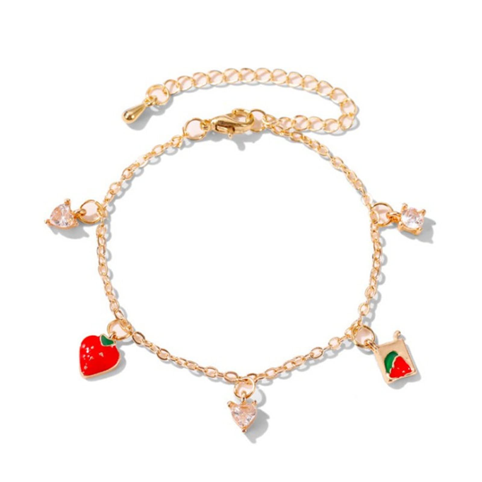 Cute Fruit Bracelets for Women - Gold Plated Strawberry & Cherry Charm Tassel Bracelet with Green Leaves - Trendy Food Chain Jewelry for Casual Wear, Summer Outfits & Gift Giving