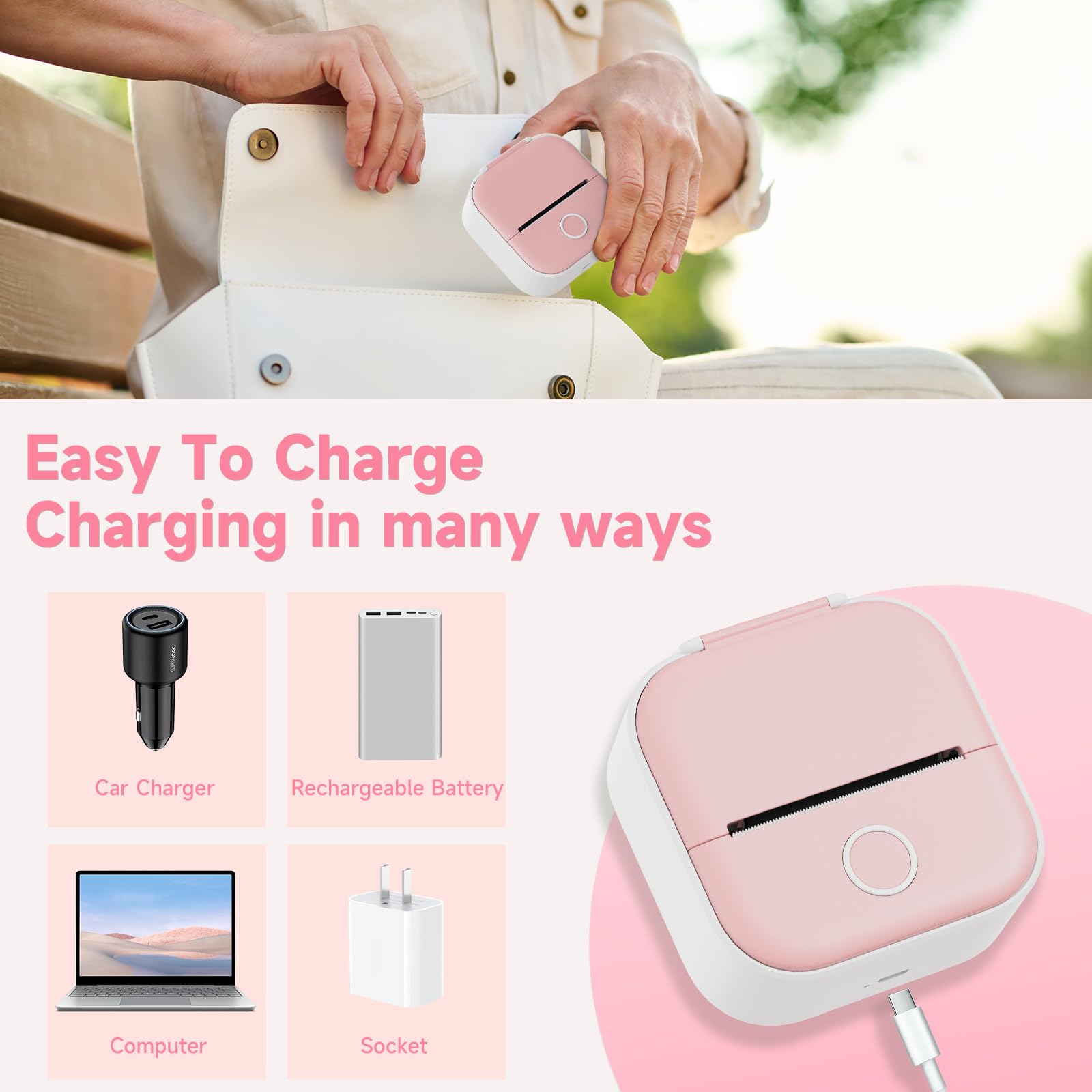 Odaro T02 Mini Bluetooth Thermal Sticker Printer - Portable Sticker Maker Machine with 1 Roll Paper, Wireless Label Printer for School Notes, Journals, Coloring Pictures, DIY Crafts (Pink) - Perfect for Home, Office & Classroom Use