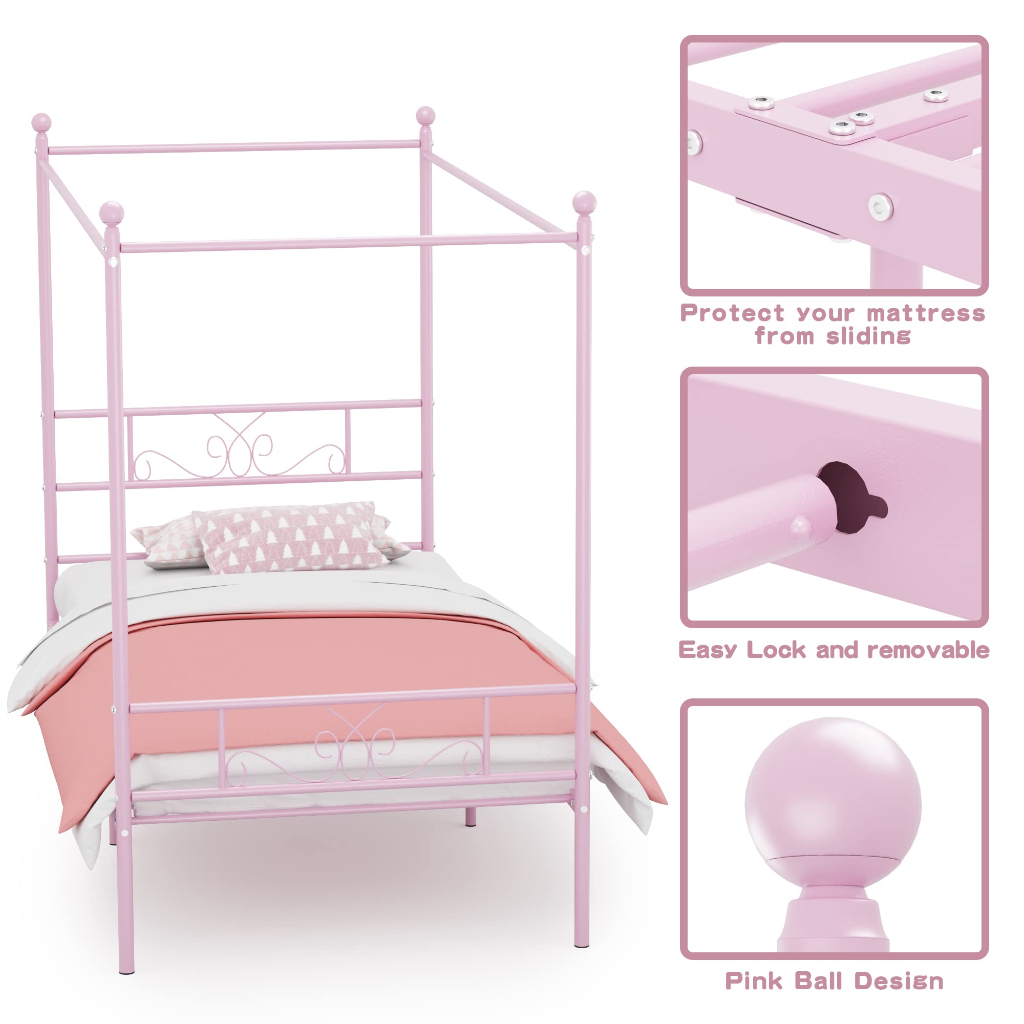 Weehom Twin Canopy Bed Frame with Headboard and Footboard - 4 Poster Metal Bed Frame for Kids & Adults - No Box Spring Needed - Sturdy Mattress Foundation Platform Bed in Pink - Perfect for Bedrooms, Guest Rooms & Dorm Decor