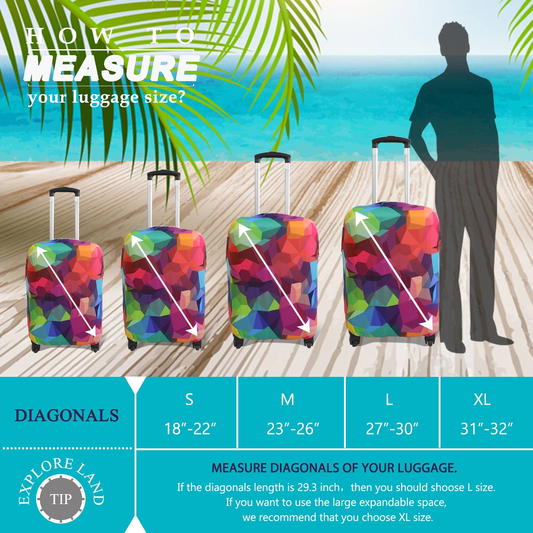 Explore Land Waterproof Luggage Cover for 31-32 Inch Suitcases - Durable Travel Suitcase Protector with Geometric Pattern (XL Size) | Perfect for Airplane Travel, Vacation Trips & Baggage Protection