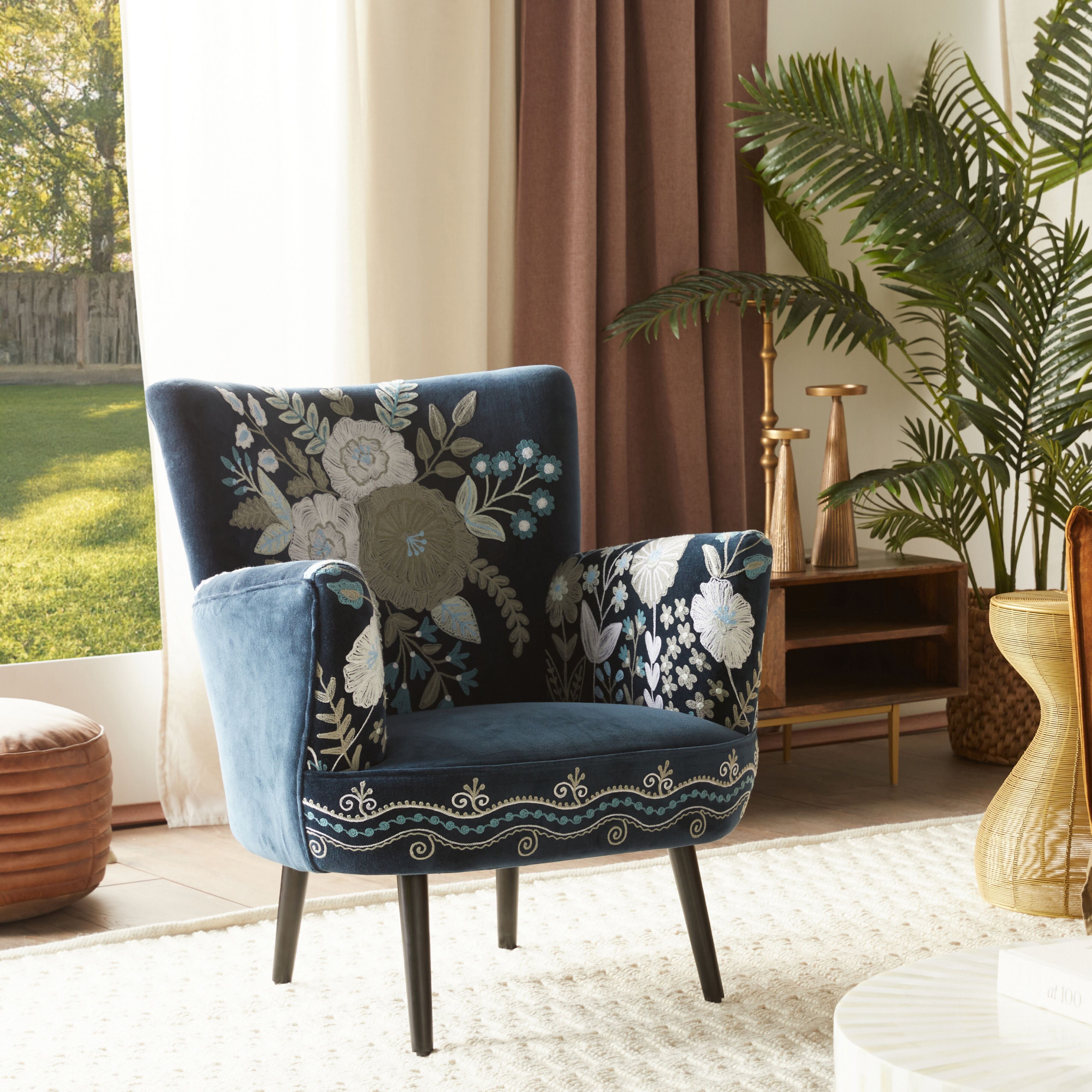Blooms Embroidered Armchair in Indigo Blue - Elegant Floral Upholstered Accent Chair for Living Room, Bedroom, or Office Decor