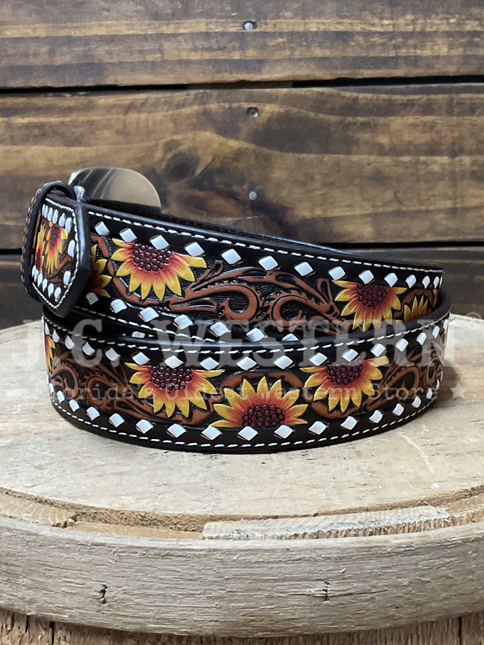 Nocona Women's Sunflower Embossed Leather Belt - Brown Western Style Fashion Accessory for Casual Outfits and Country Events