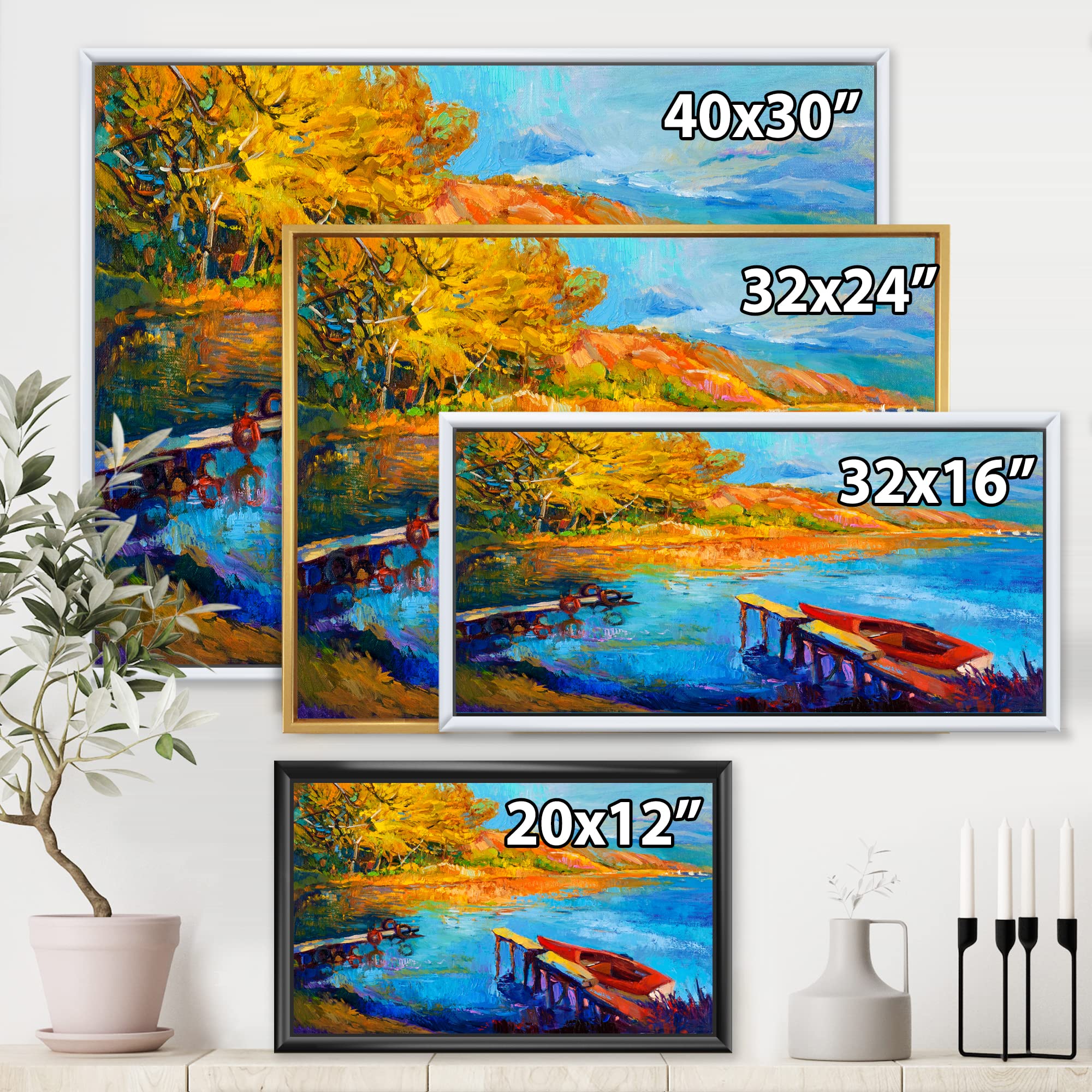 Sunset Evening Glow At The Lake II - Framed Canvas Wall Art Print for Living Room, Bedroom & Office Decor - Lake House Landscape Painting - Ready to Hang Home Decoration