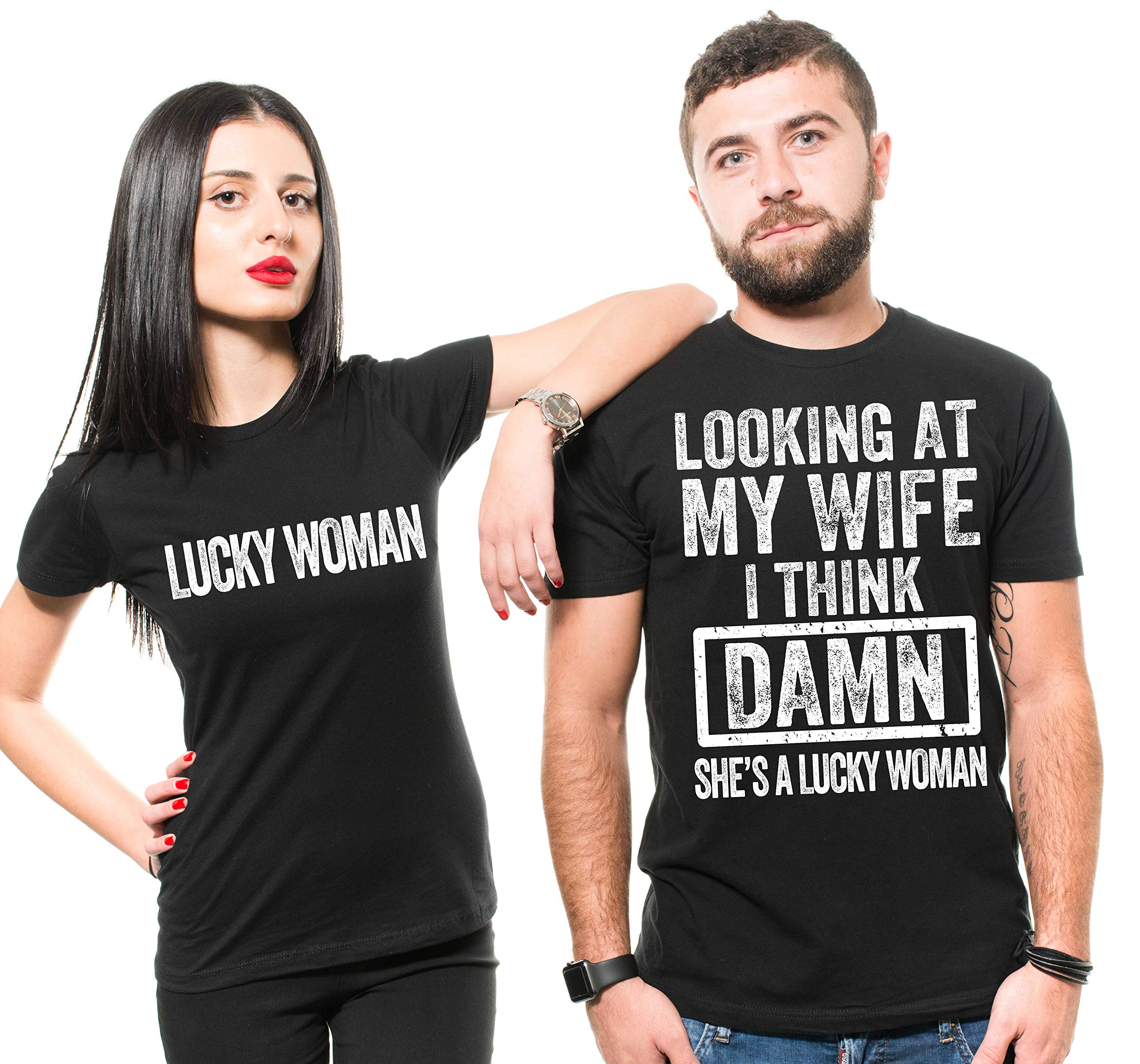 Funny Couple T-Shirts for Husband and Wife - Lucky Woman Matching Outfits - Perfect for Anniversaries, Date Nights & Gifts