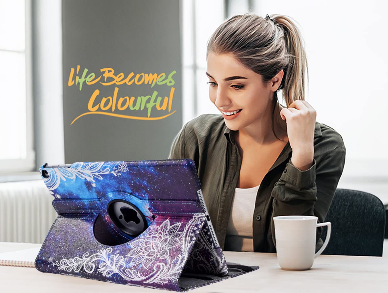 360° Rotating iPad Case for iPad 9.7 Inch (6th/5th Gen) & iPad Air 2 - Protective Stand Cover with Auto Sleep/Wake Function | Perfect for Work, Study & Entertainment (Galaxy Flower Design)