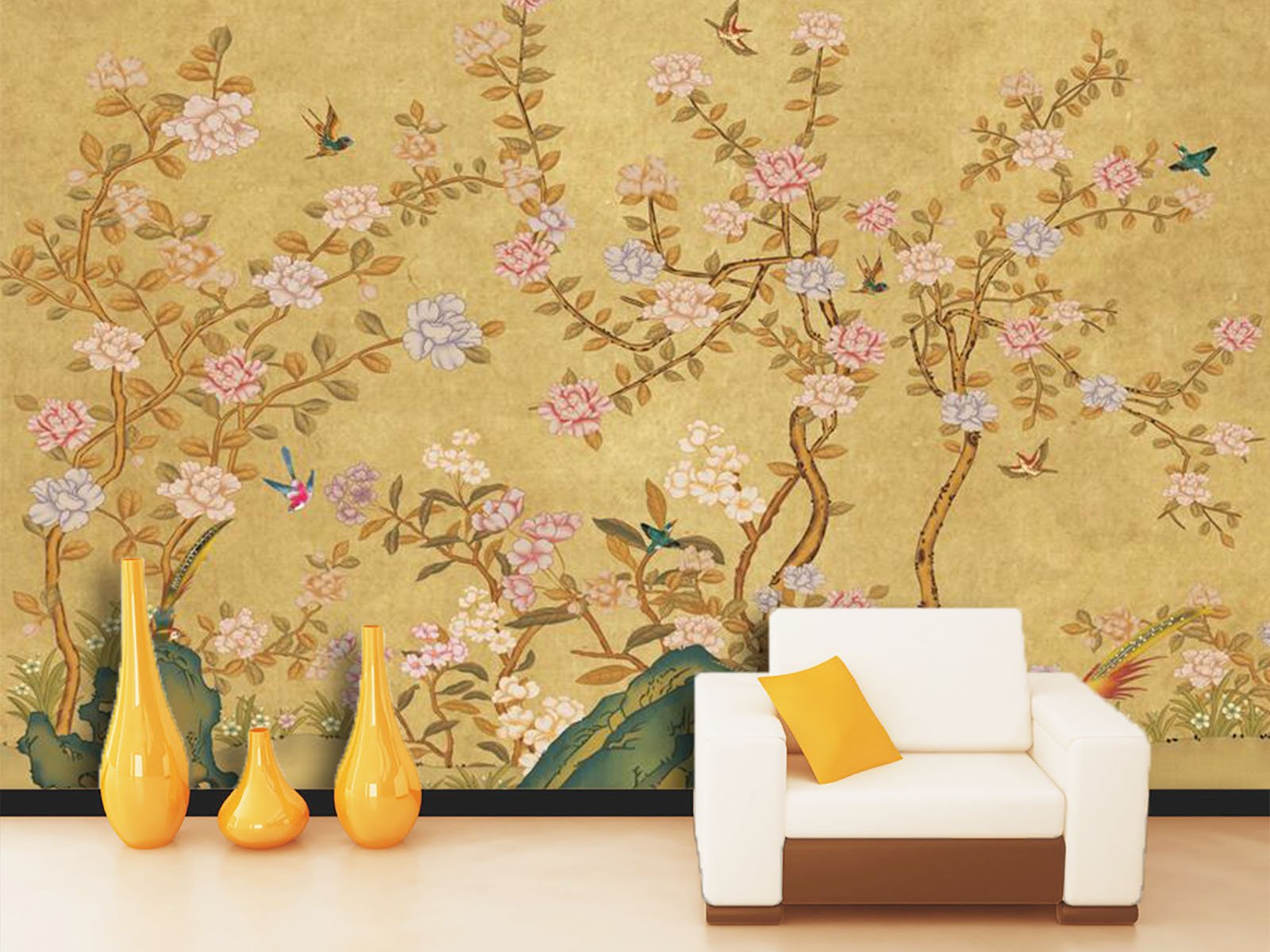 3D Flower Twig Bird Wallpaper - Self-Adhesive Vinyl Wall Mural (82