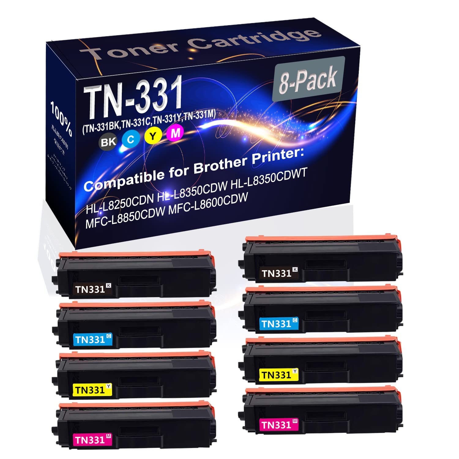 8-Pack (2BK+2C+2Y+2M) High Capacity Compatible Toner Cartridge Replacement for Brother HL-L8250cdn HL-L8350cdw - TN331 TN-331 Series (BK/C/Y/M) - Perfect for Office & Home Printing Needs
