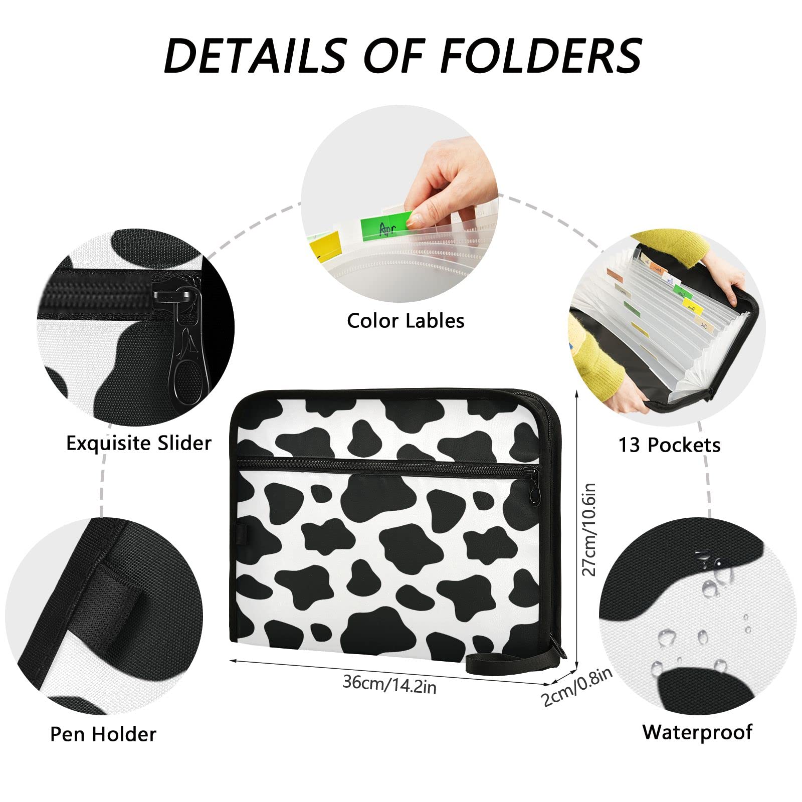 Kcldeci 13 Pocket Expanding File Folder - Cow Print Accordion Document Organizer with Zipper Closure for Letter & A4 Size Papers - Perfect for Office, School, and Home Organization