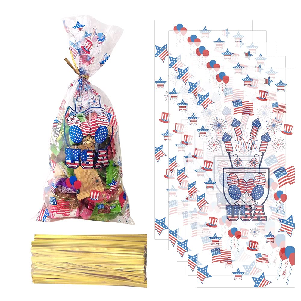 100pcs Patriotic Red White Blue Plastic Treat Bags - Clear Cellophane Gift Bags with Twist Ties for 4th of July, Memorial Day & Independence Day Party Supplies | Perfect for Candy, Favors & Small Gifts
