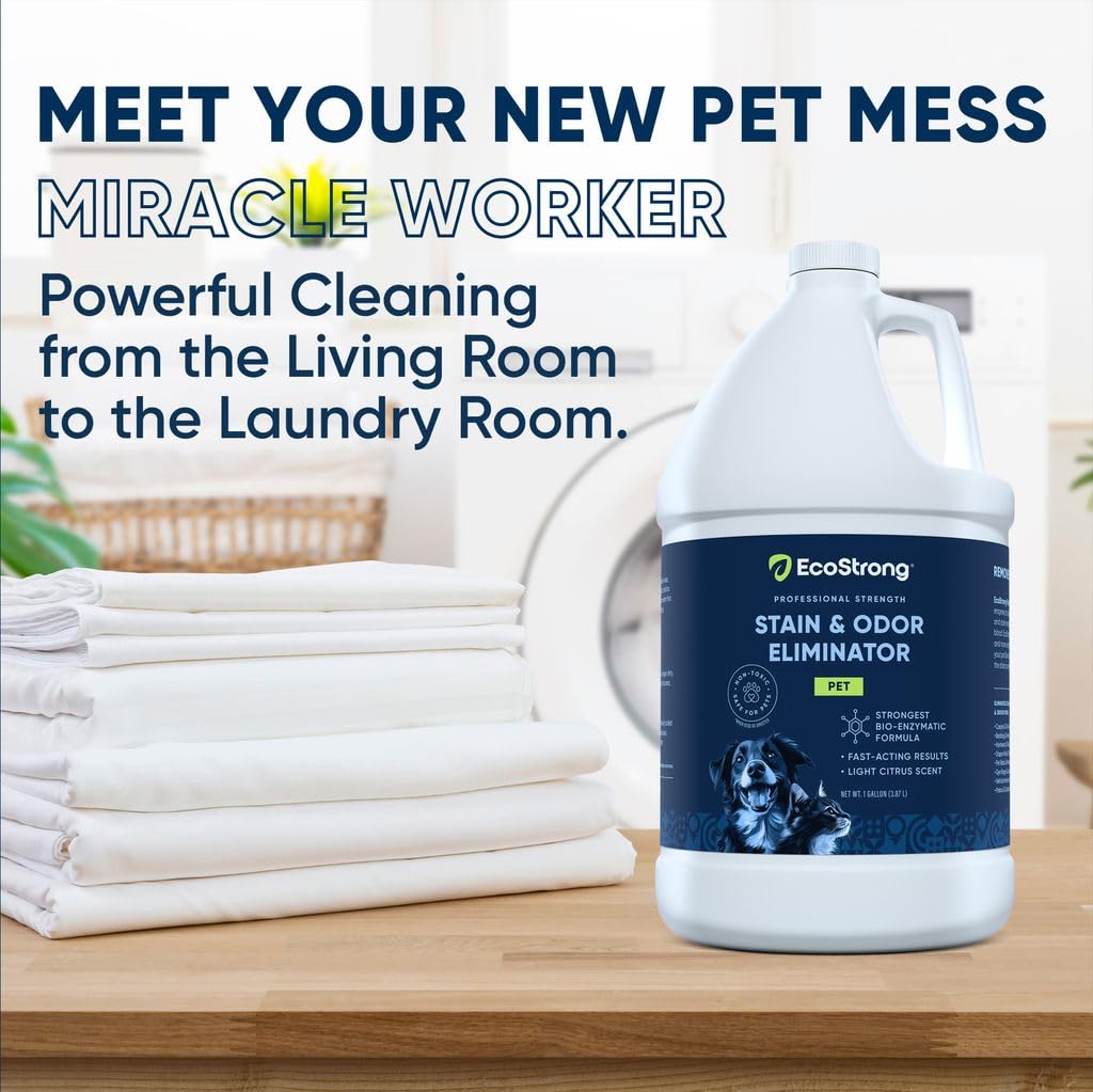 Eco Strong Pet Stain & Odor Eliminator - Enzyme Cleaner for Cat & Dog Urine - 128oz | Removes Tough Stains & Odors from Carpets, Floors & Furniture | Safe for Pets & Kids