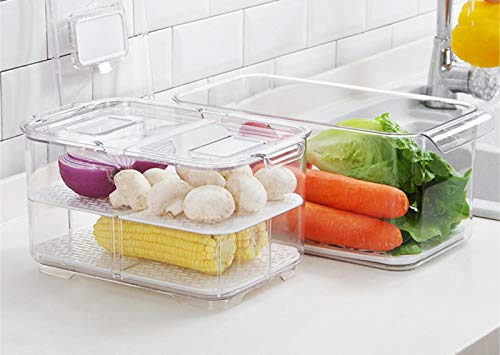 SANNO Airtight Vegetable & Fruit Storage Containers for Fridge - BPA-Free Food Storage Bins with Lids & Removable Drain Tray - Stackable Refrigerator Organizer Drawers for Fresh Produce - Perfect for Kitchen, Pantry & Meal Prep Organization