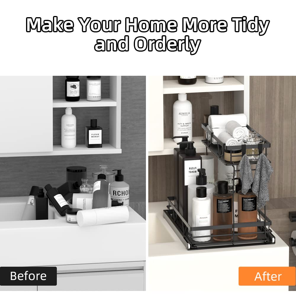 AOSITE 2-Tier Pull Out Cabinet Organizer - Under Sink Storage for Kitchen & Bathroom with Sliding Drawers - Space Saving Solution for Small Spaces, Perfect for Organizing Cleaning Supplies, Cosmetics, and Kitchen Utensils