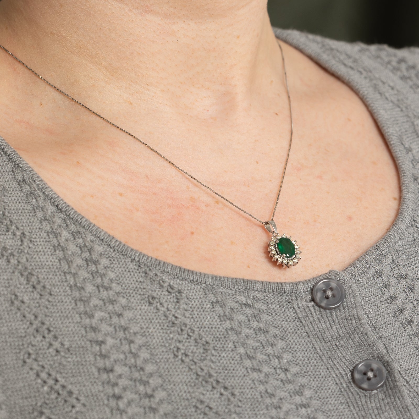 Emerald and Diamond Petal Pendant Necklace - 1.35ct Emerald & 0.32ctw Diamonds - 17 Inch Sterling Silver Chain - Elegant Jewelry Gift for Women - Perfect for Weddings, Anniversaries & Special Occasions