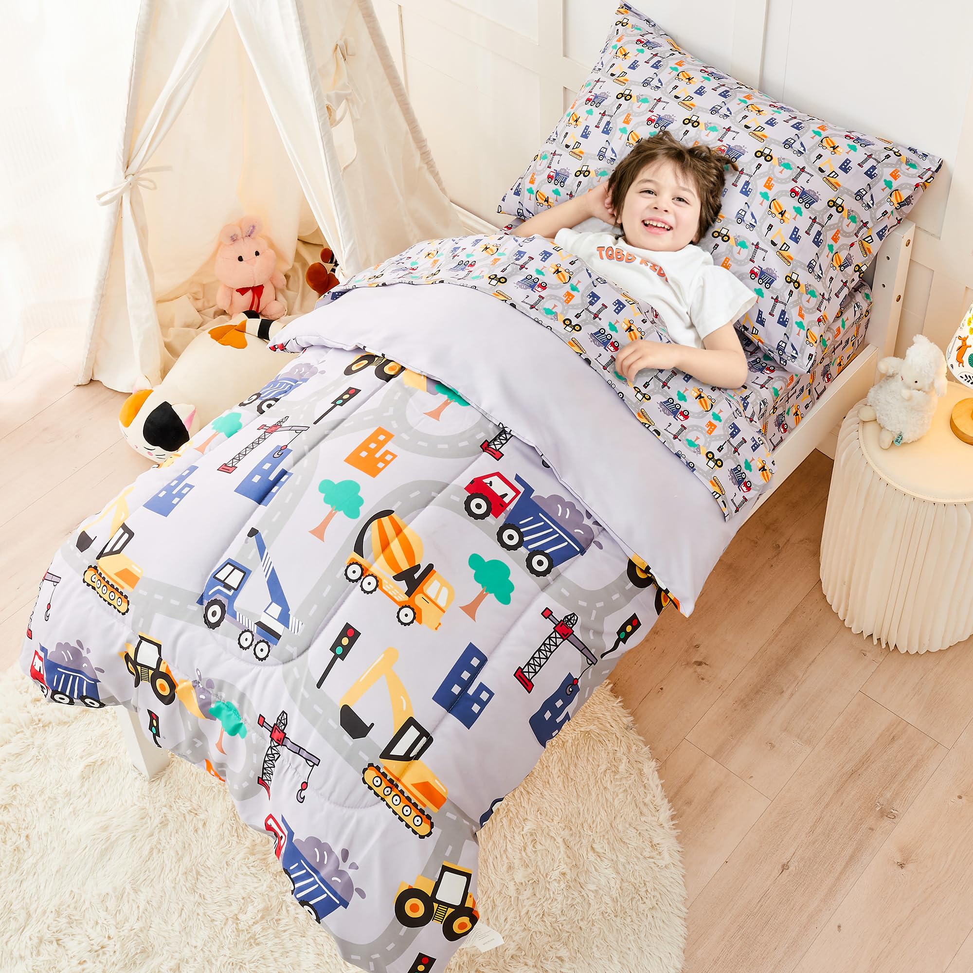 Lasoftan 4-Piece Construction Toddler Bedding Set for Boys - Excavator & Cars Printed, Super Soft Microfiber Comforter, Fitted Sheet, Pillowcase | Perfect for Kids' Room, Nursery & Daycare Use