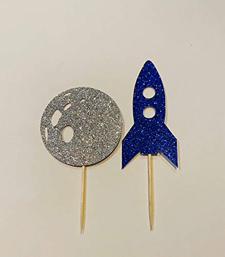 Space Cupcake Toppers Set - Moon & Rocket Cake Decorations for Astronaut Birthday Party, Space Theme Celebration, Baby Shower & DIY Baking Supplies (12-Pack)