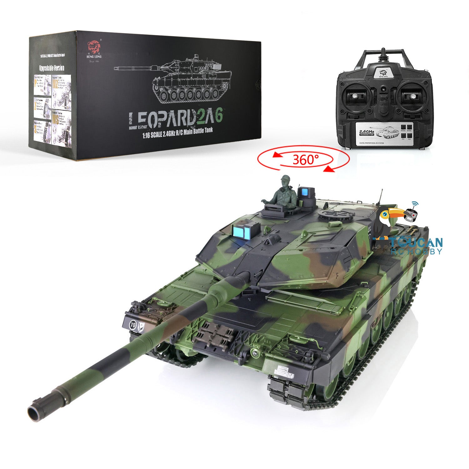 2.4GHz 1/16 Heng Long TK7.0 Leopard 2A6 RTR Remote Control RC Tank with 360° Rotating Turret, Infrared Battle System & Smoke Effects - Perfect for Military Enthusiasts, Collectors and Outdoor RC Battles